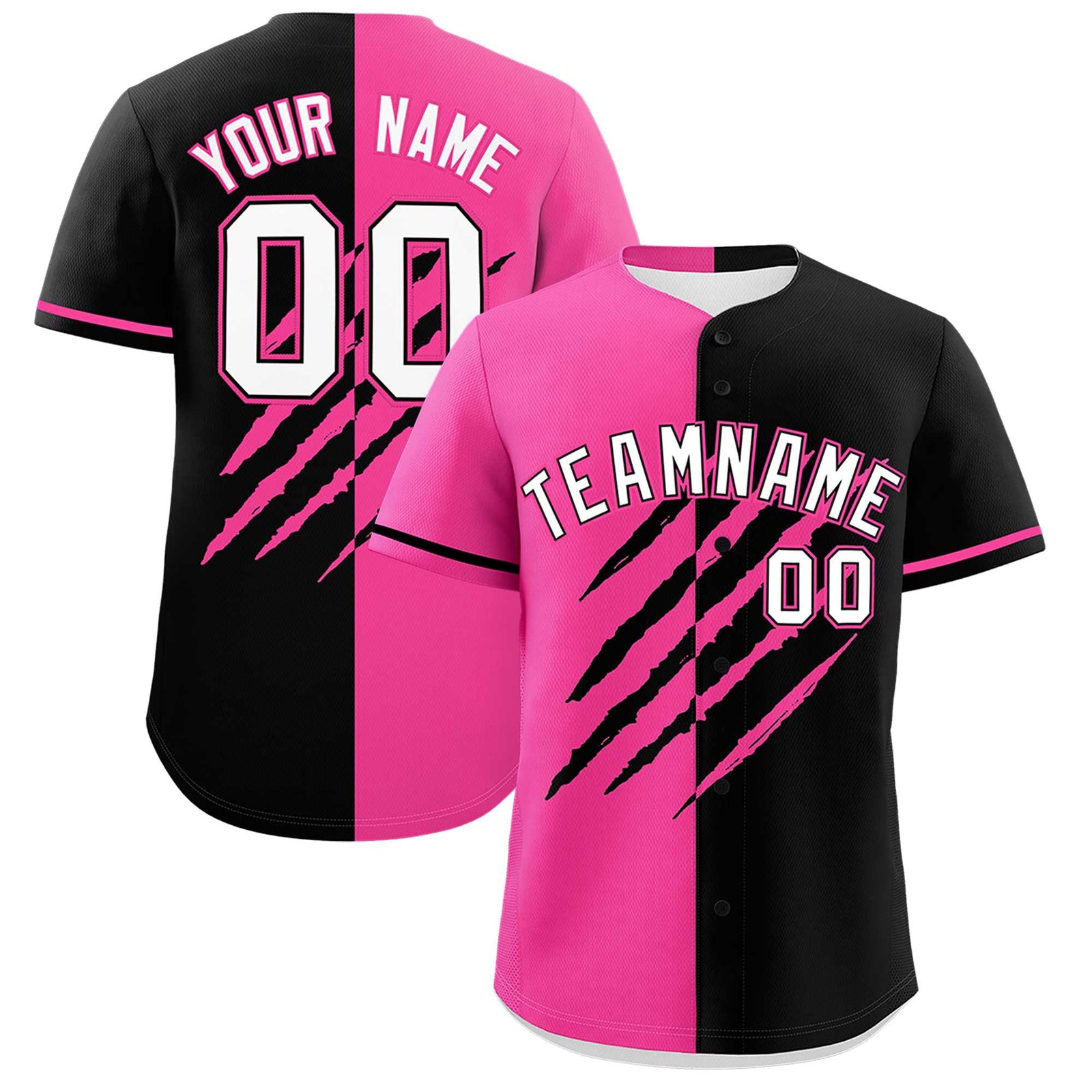 Custom Pink Black Split Tiger Claw Scratch Pattern Baseball Jersey