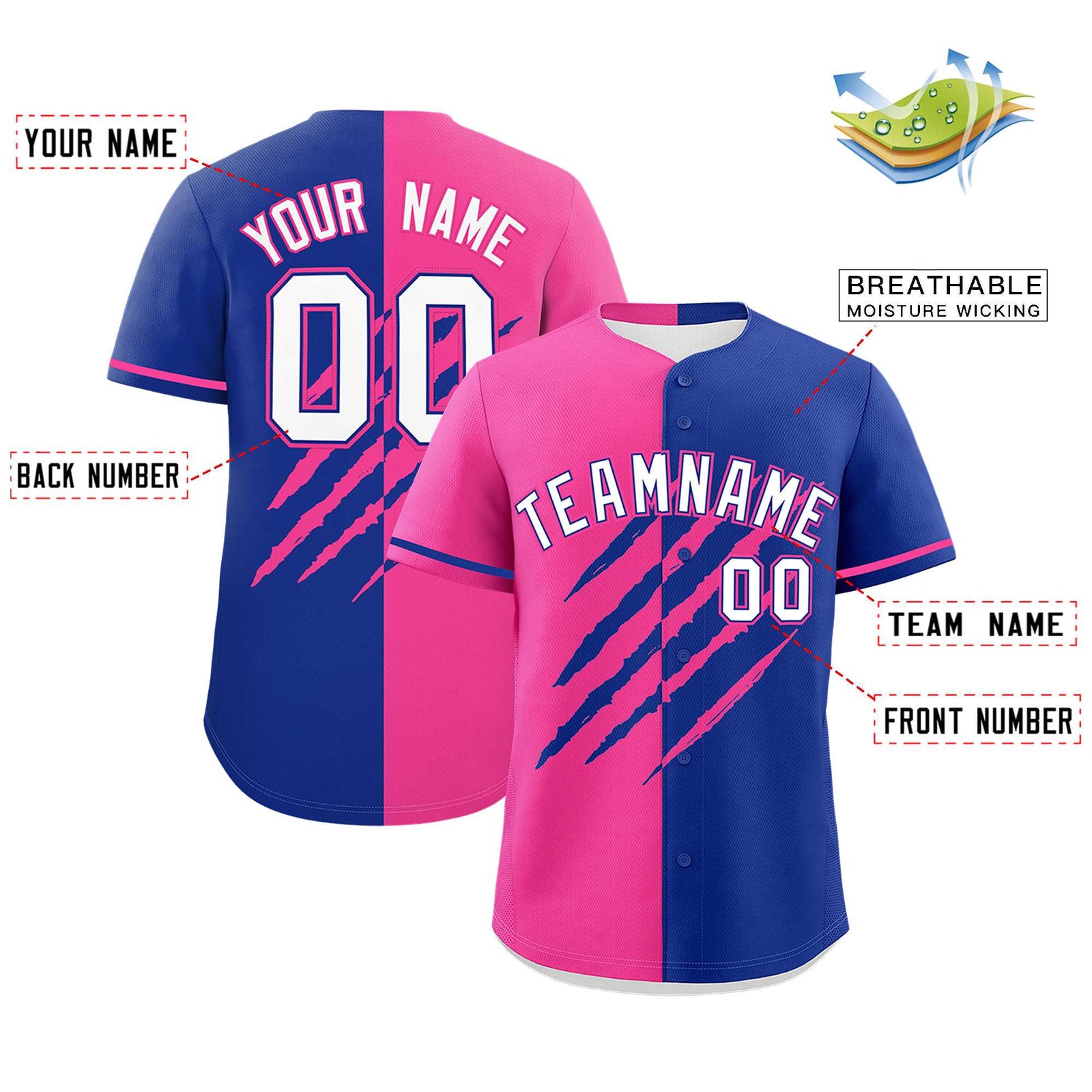 Custom Pink Royal Blue Split Tiger Claw Scratch Pattern Baseball Jersey
