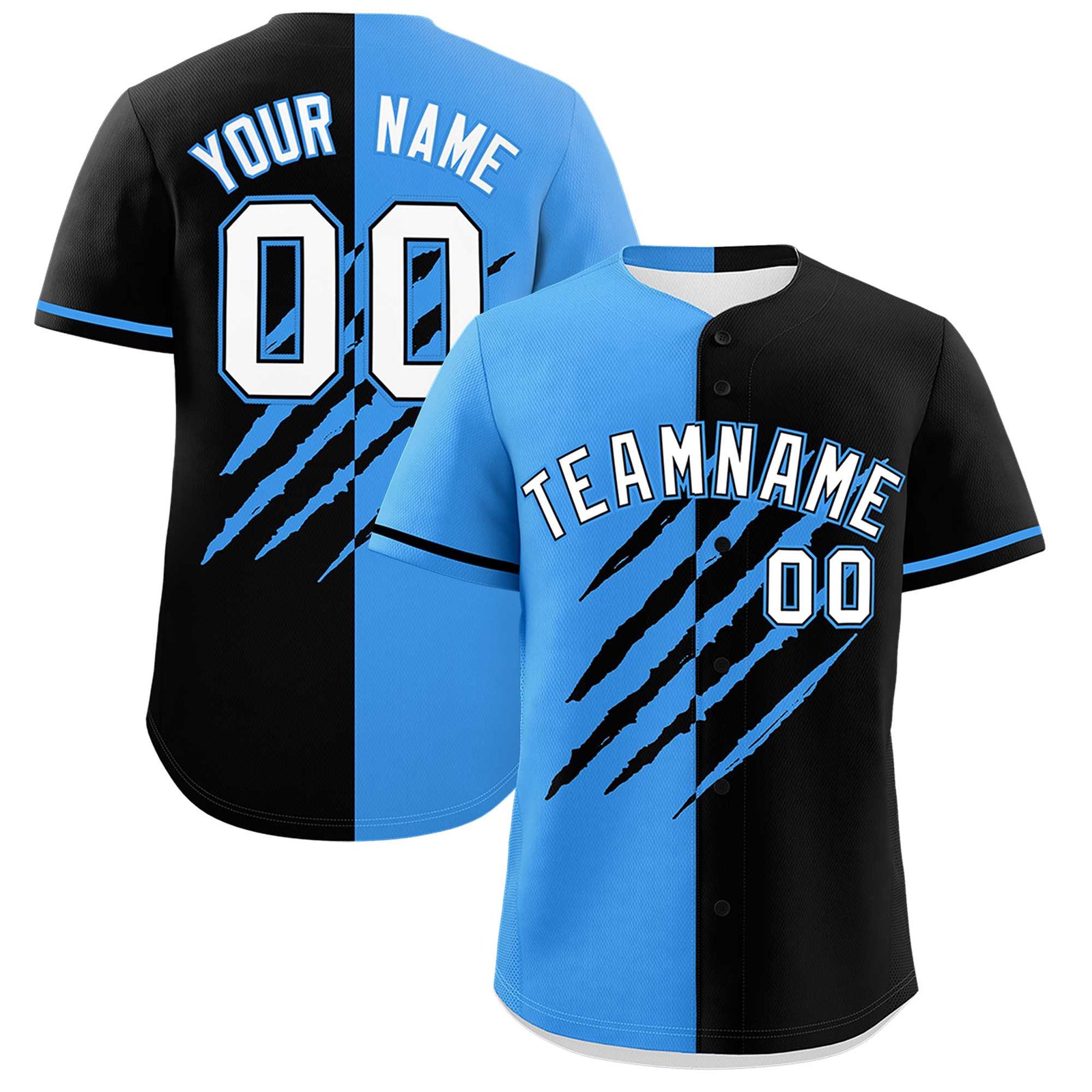 Custom Powder Blue Black Split Tiger Claw Scratch Pattern Baseball Jersey