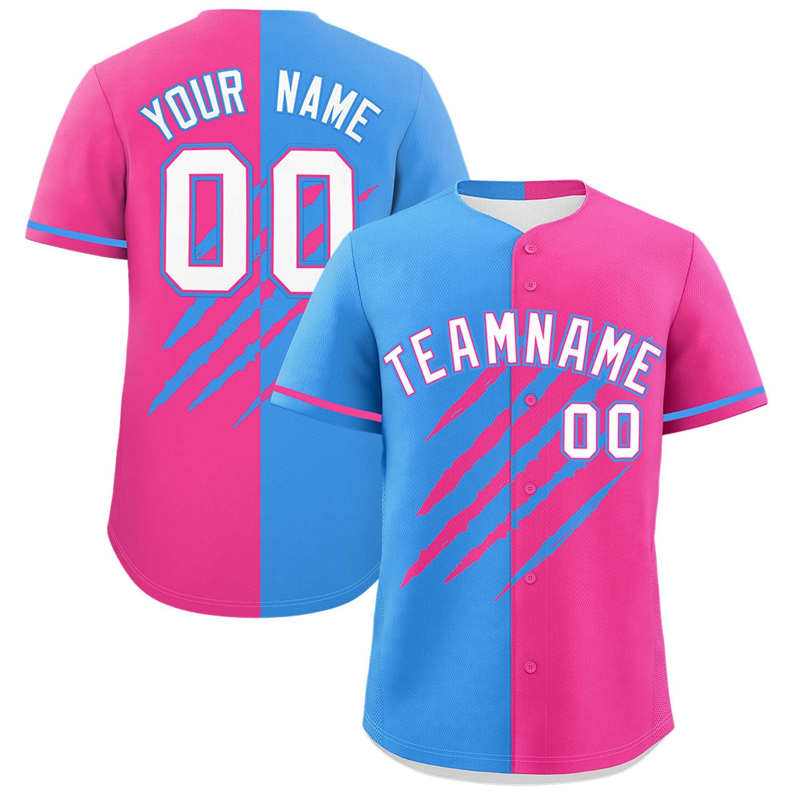 Custom Powder Blue Pink Split Tiger Claw Scratch Pattern Baseball Jersey