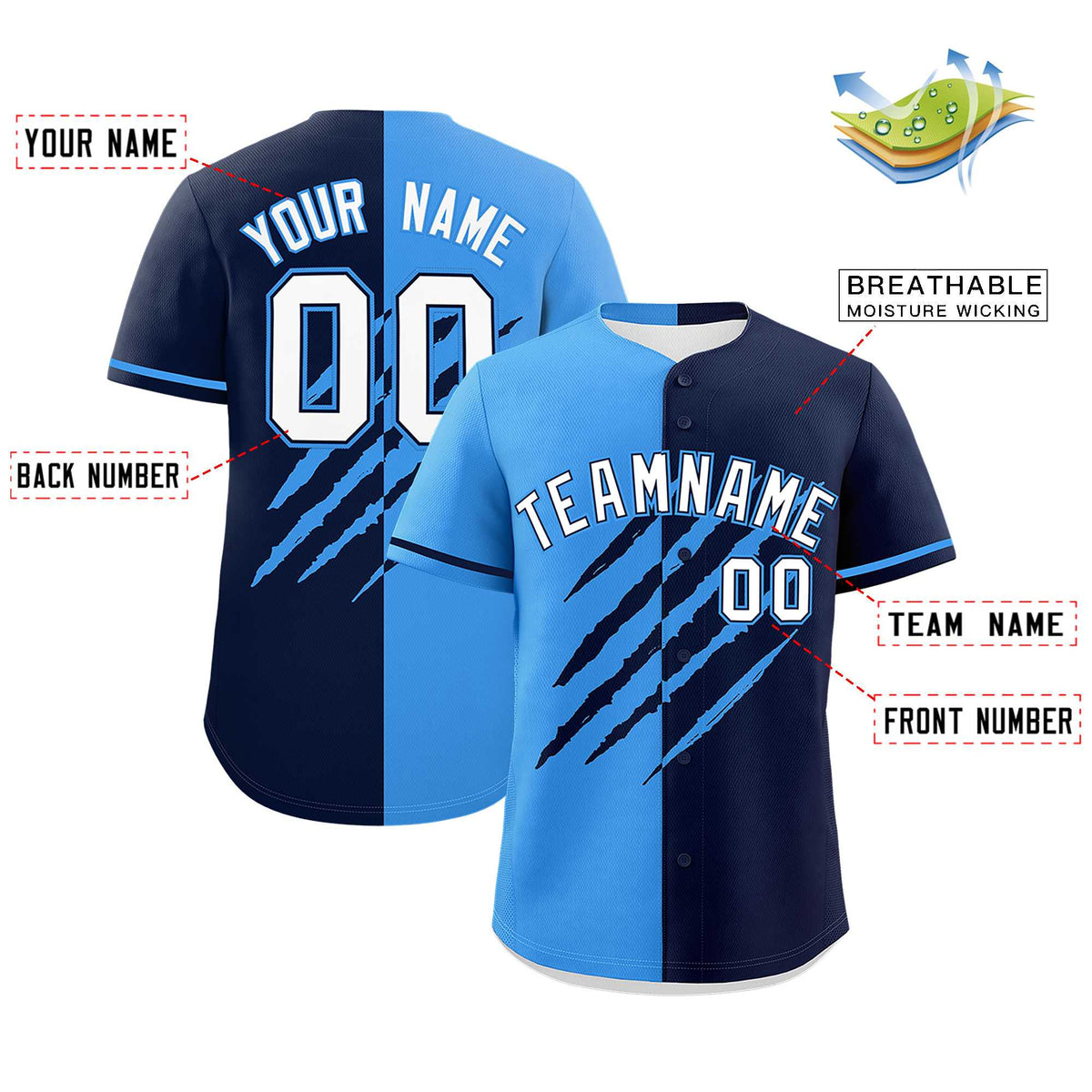 Custom Powder Blue Navy Split Tiger Claw Scratch Pattern Baseball Jersey