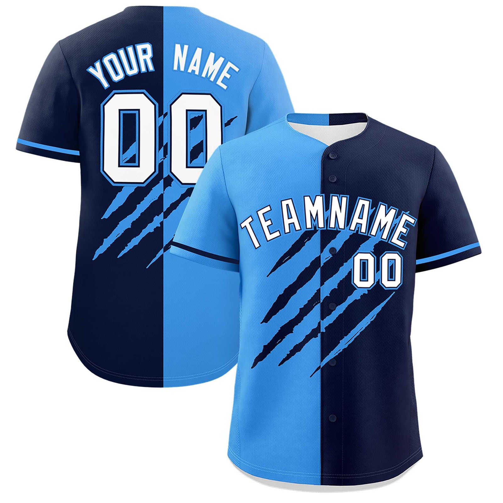Custom Powder Blue Navy Split Tiger Claw Scratch Pattern Baseball Jersey