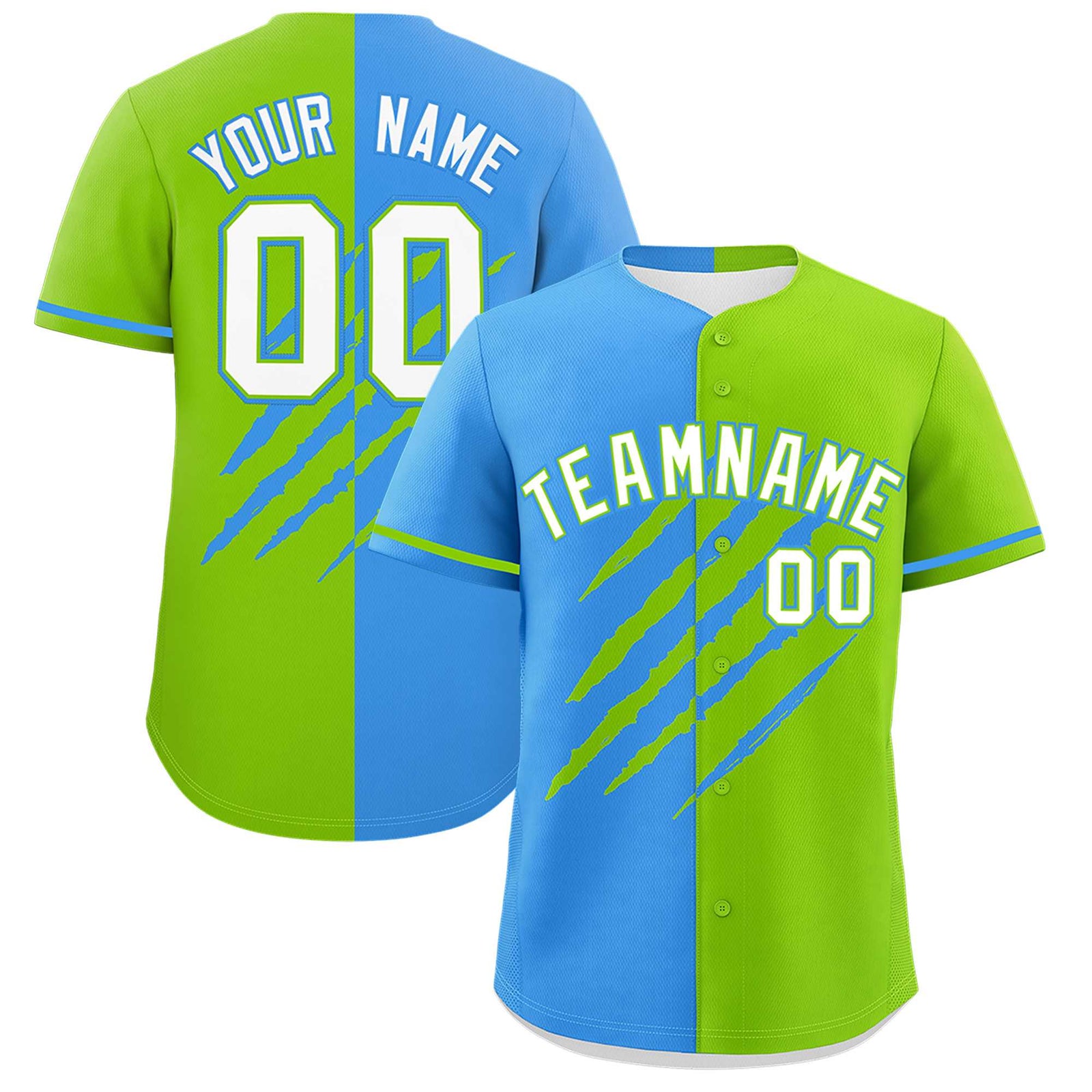 Custom Powder Blue Neon Green Split Tiger Claw Scratch Pattern Baseball Jersey