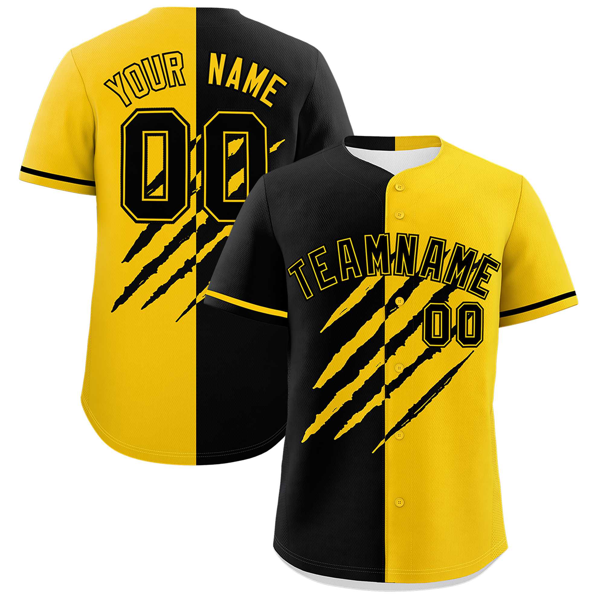 Custom Black Gold Split Tiger Claw Scratch Pattern Baseball Jersey