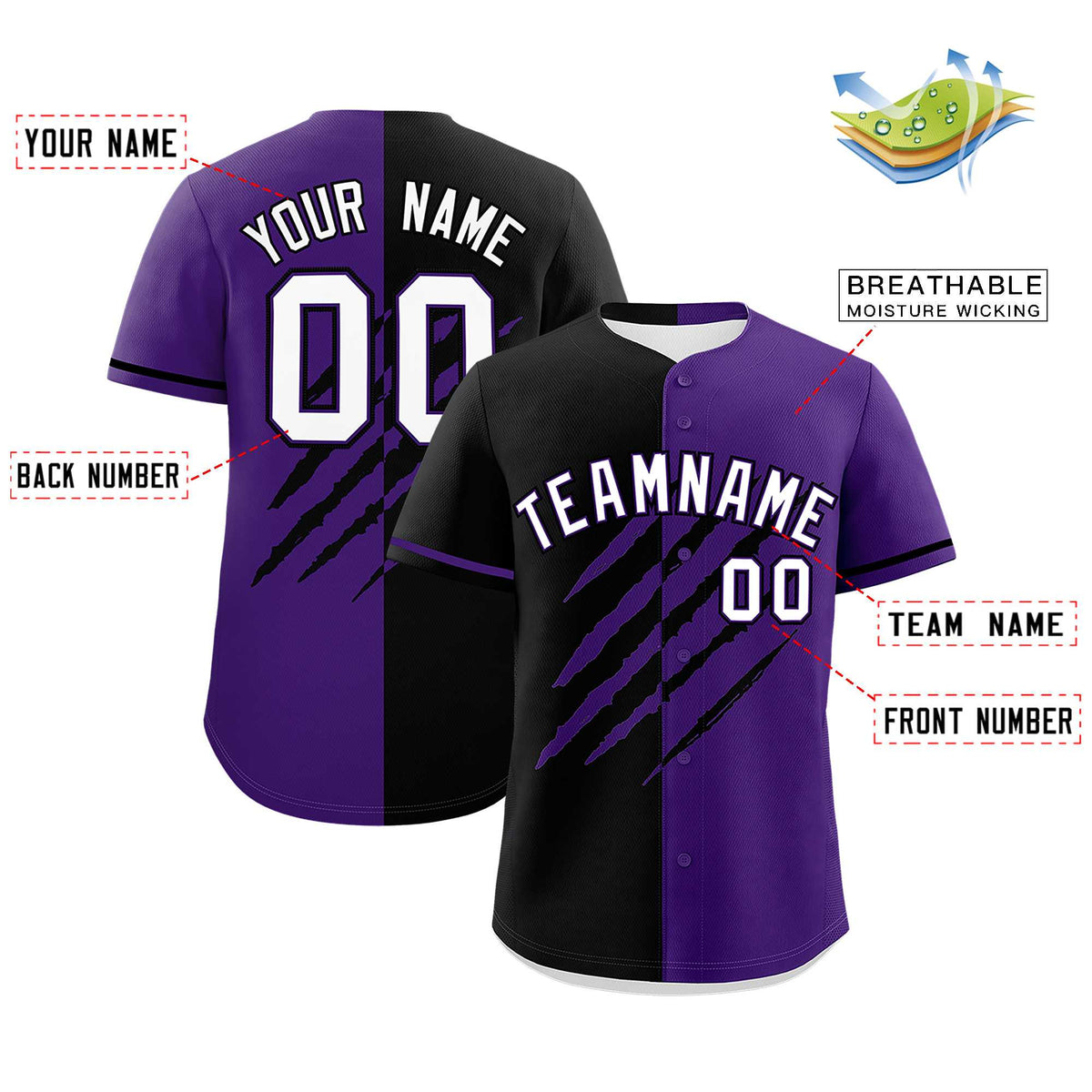 Custom Black Purple Split Tiger Claw Scratch Pattern Baseball Jersey