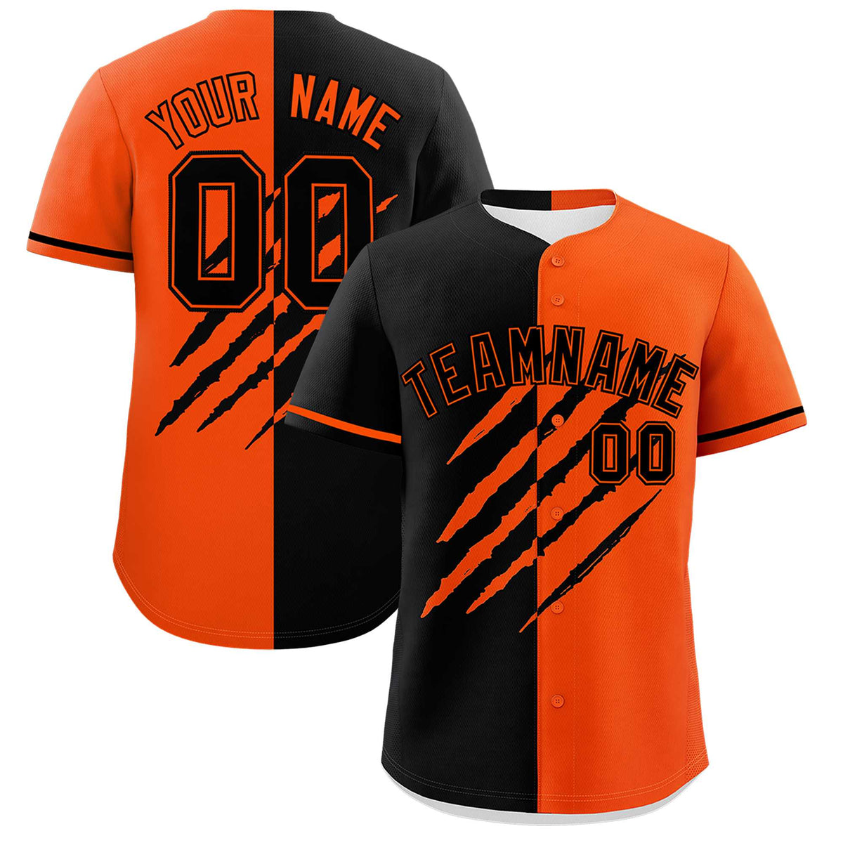 Custom Black Orange Split Tiger Claw Scratch Pattern Baseball Jersey