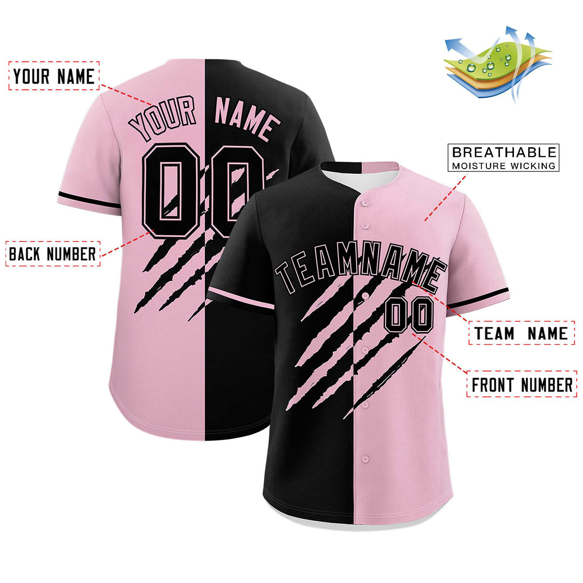 Custom Black Light Pink Split Tiger Claw Scratch Pattern Baseball Jersey