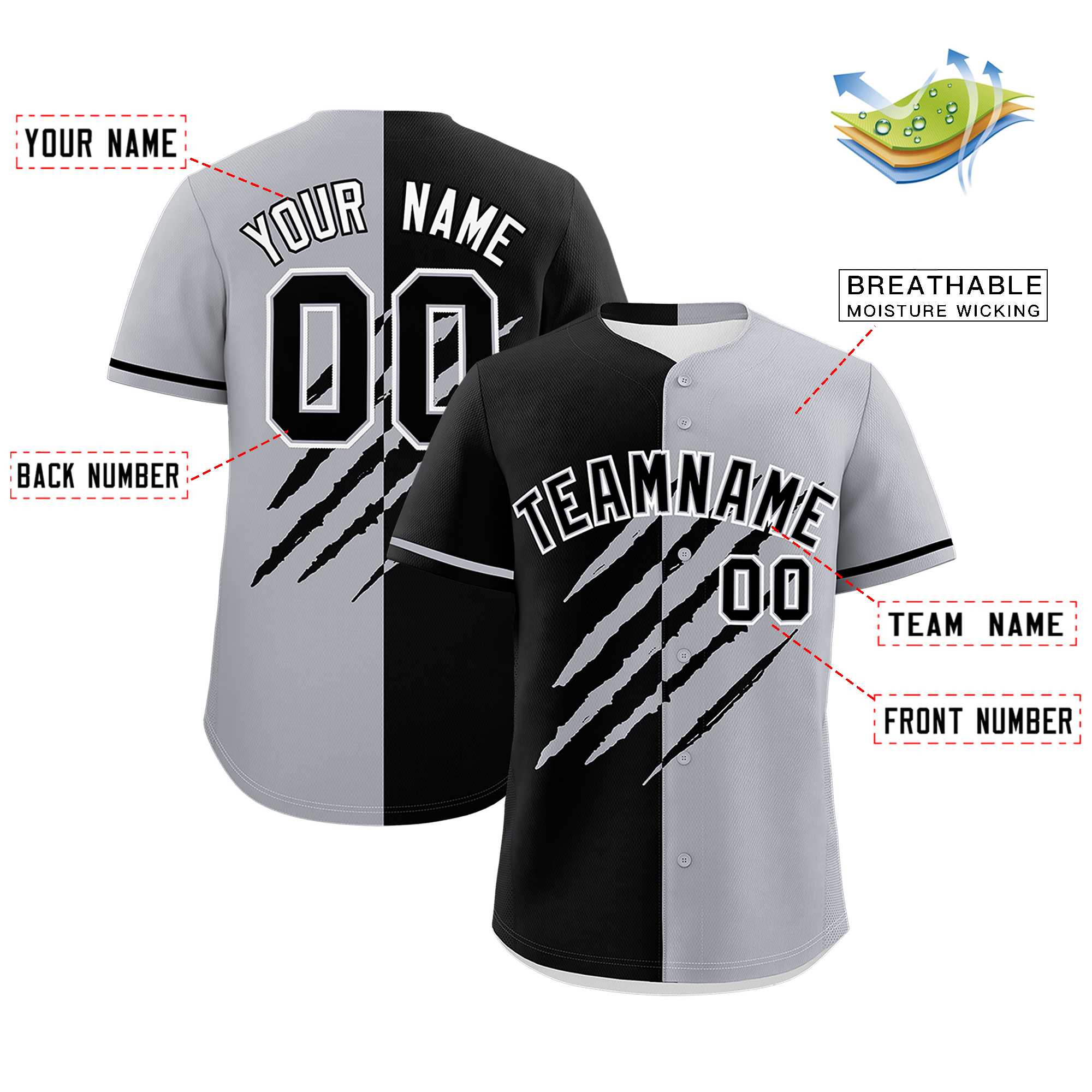 Custom Black Gray Split Tiger Claw Scratch Pattern Baseball Jersey