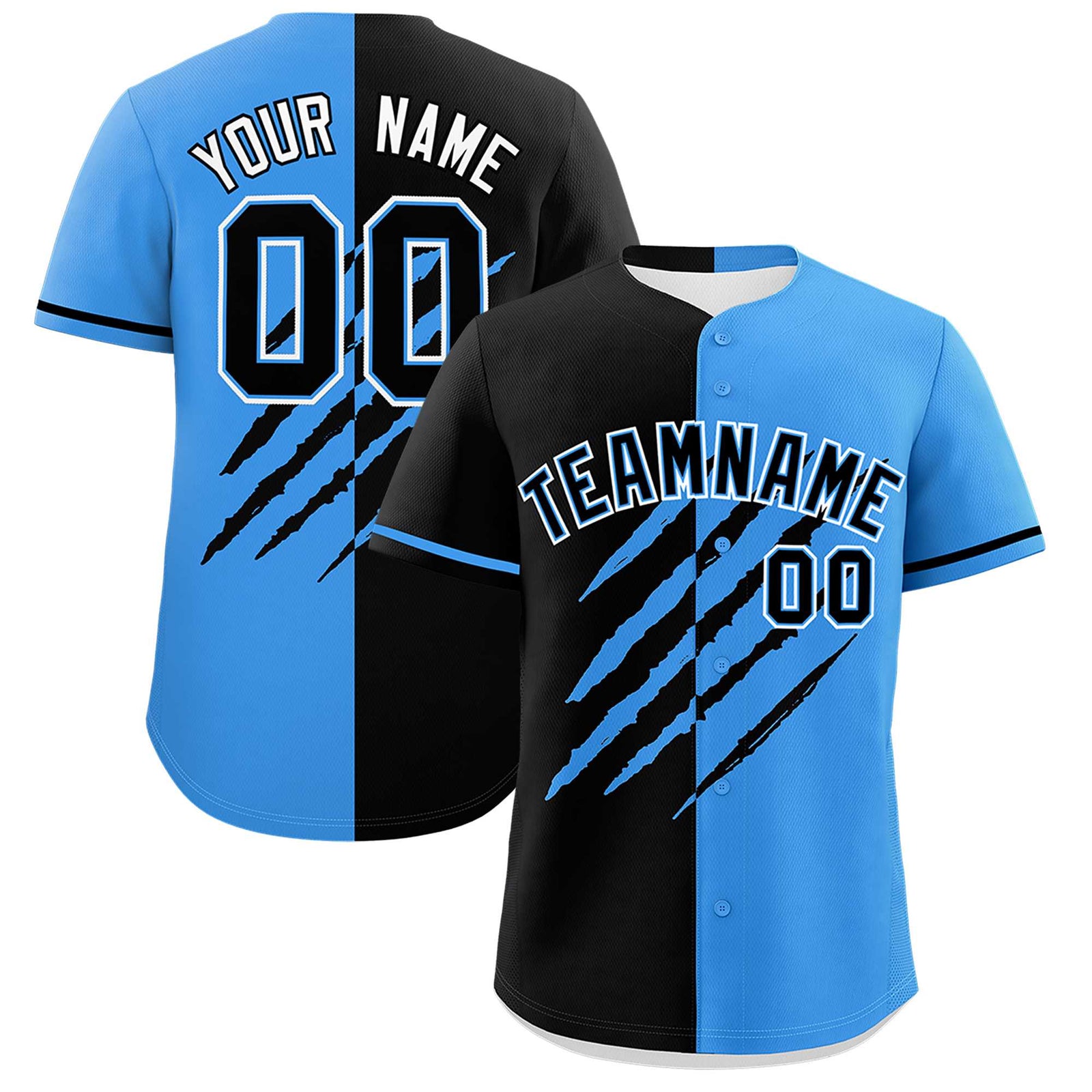 Custom Black Powder Blue Split Tiger Claw Scratch Pattern Baseball Jersey
