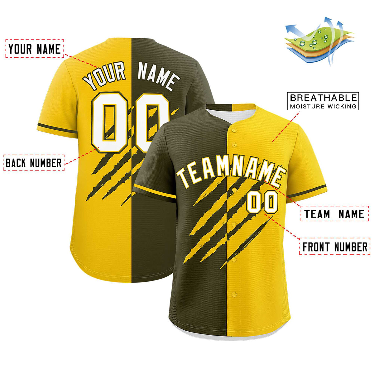 Custom Olive Gold Split Tiger Claw Scratch Pattern Baseball Jersey