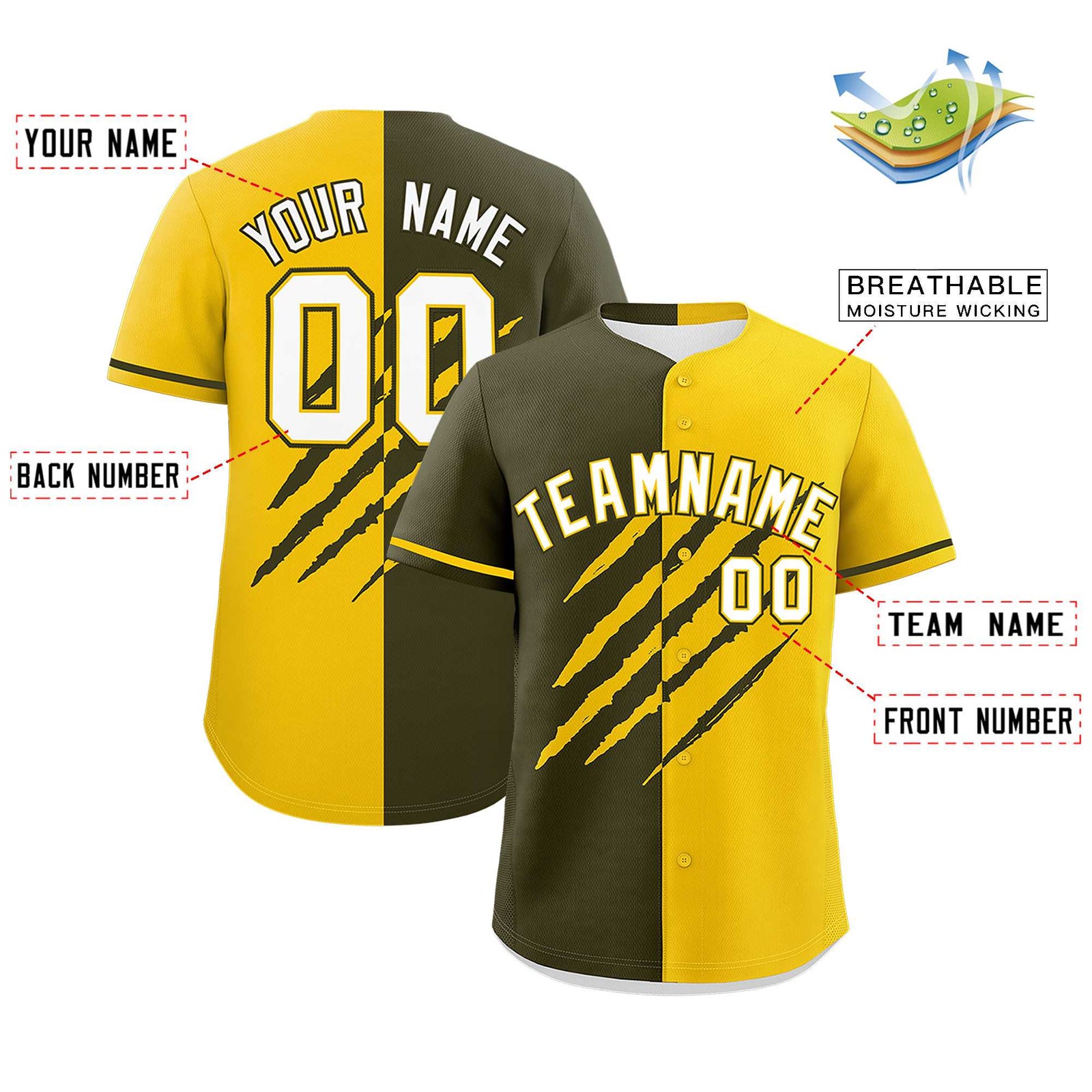 Custom Olive Gold Split Tiger Claw Scratch Pattern Baseball Jersey