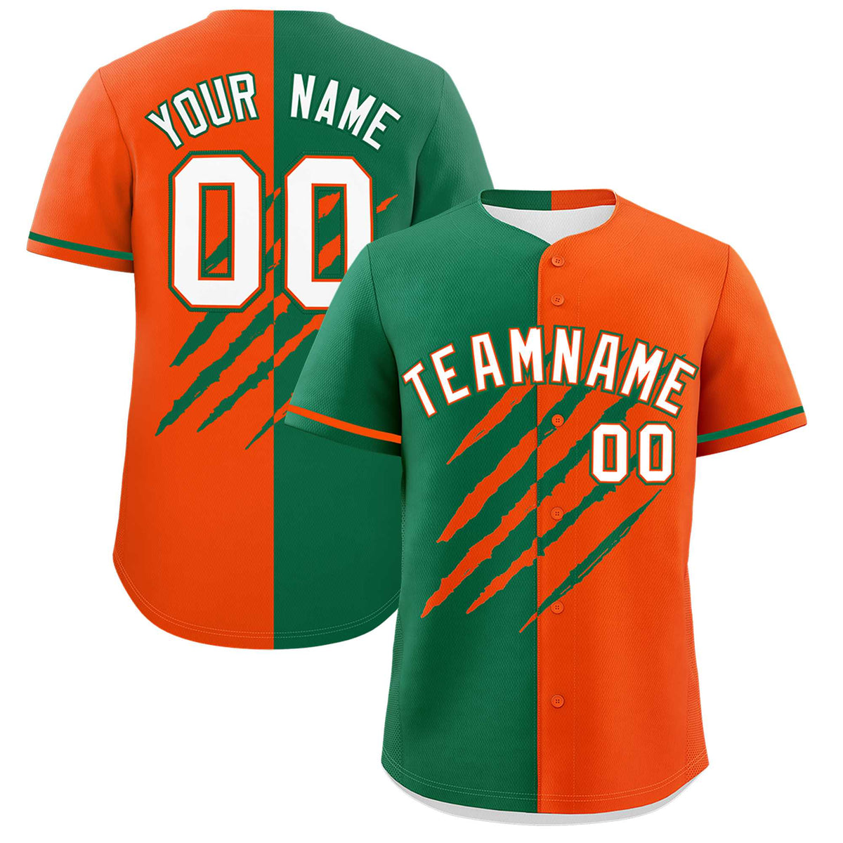 Custom Kelly Green Orange Split Tiger Claw Scratch Pattern Baseball Jersey