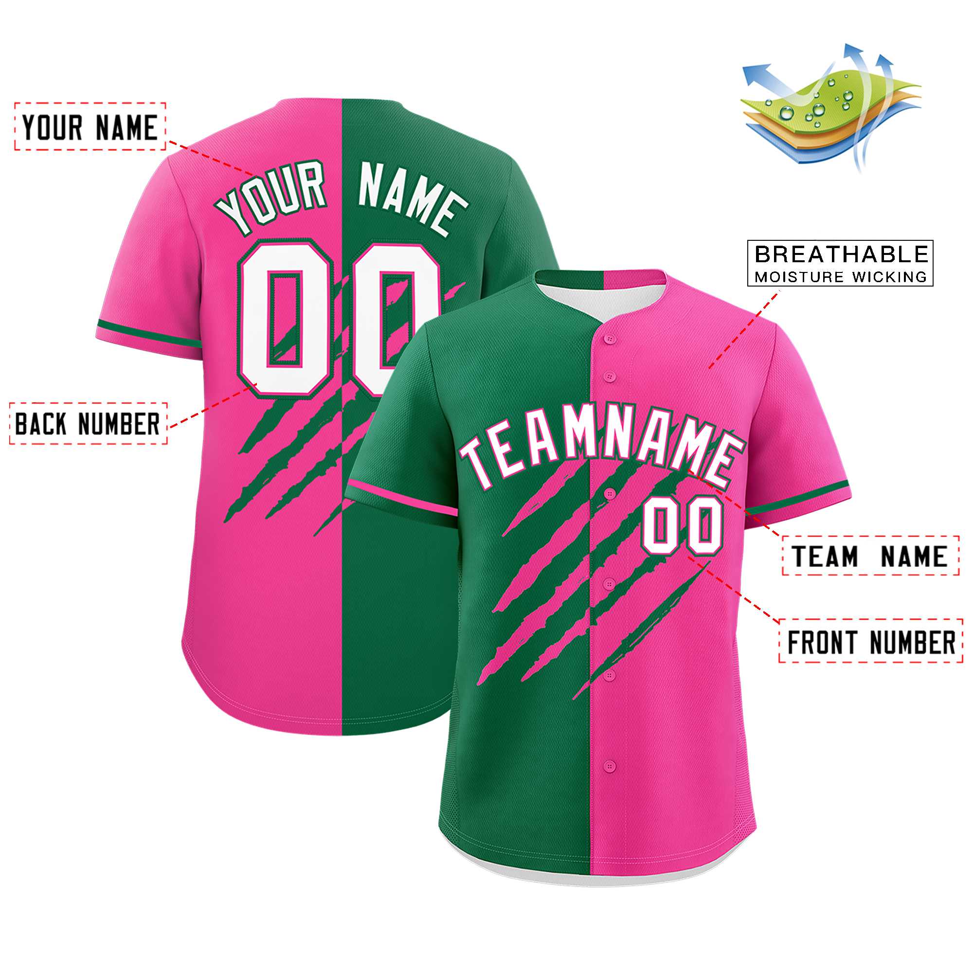 Custom Kelly Green Pink Split Tiger Claw Scratch Pattern Baseball Jersey