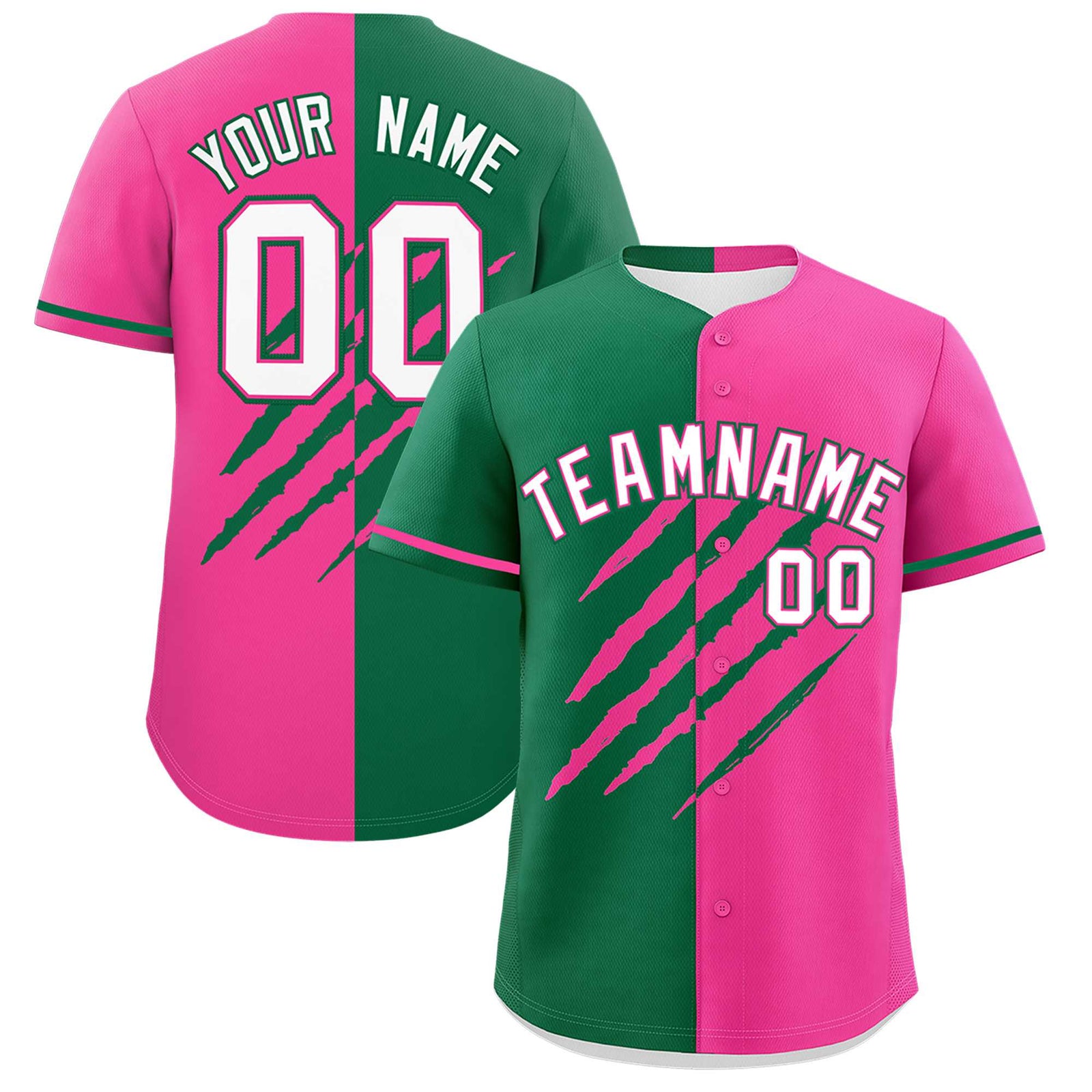 Custom Kelly Green Pink Split Tiger Claw Scratch Pattern Baseball Jersey