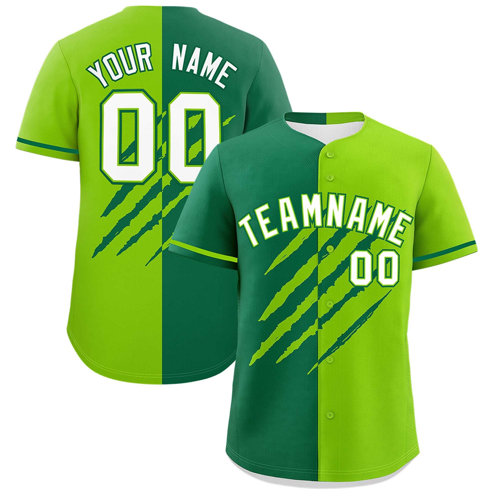 Custom Kelly Green Neon Green Split Tiger Claw Scratch Pattern Baseball Jersey