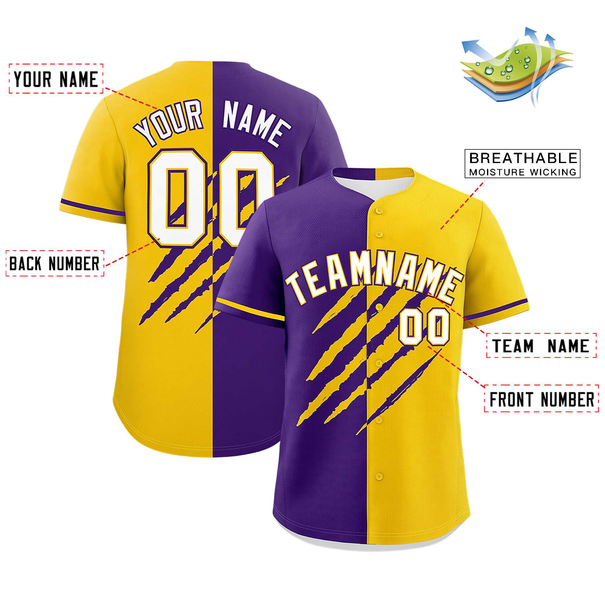 Custom Purple Gold Split Tiger Claw Scratch Pattern Baseball Jersey