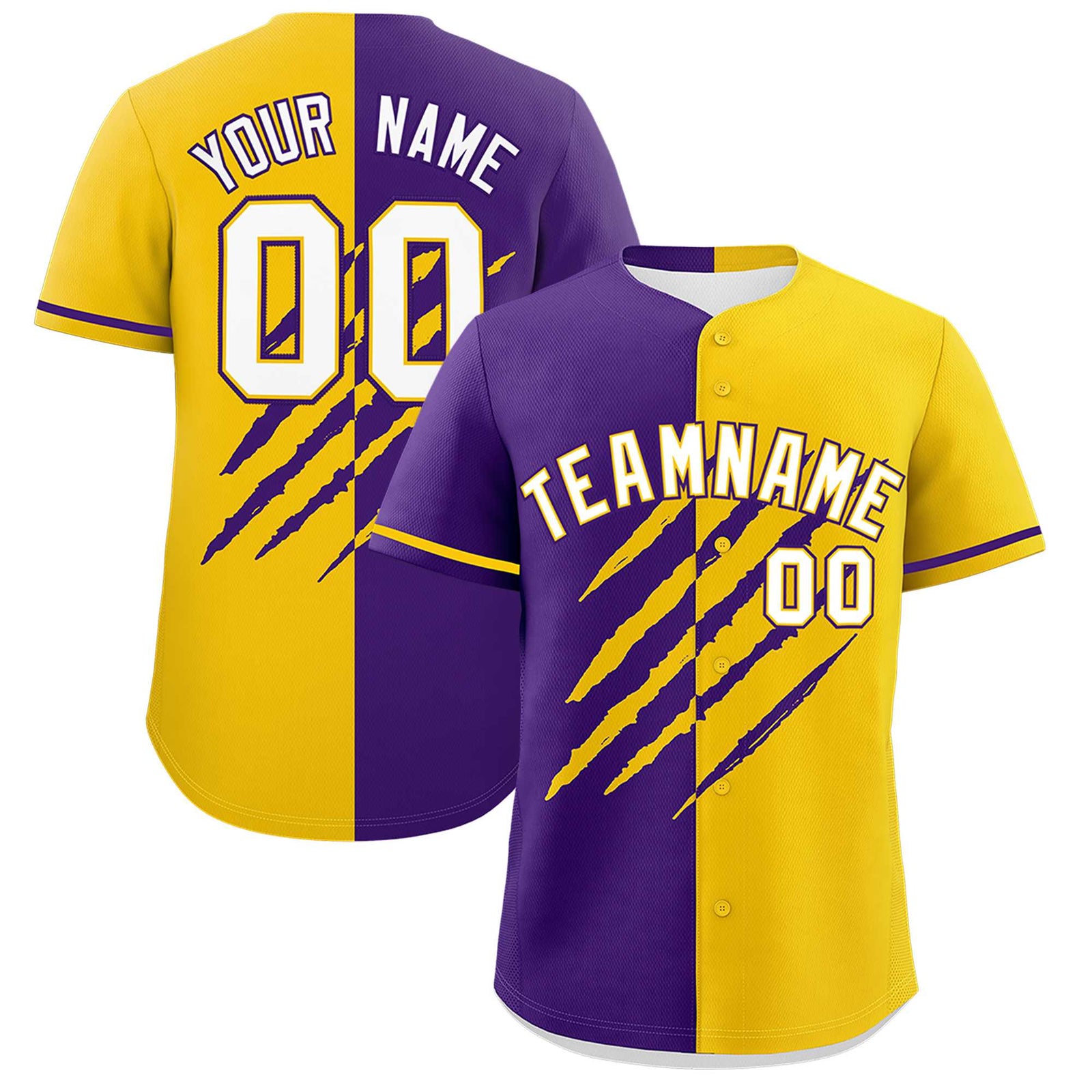 Custom Purple Gold Split Tiger Claw Scratch Pattern Baseball Jersey