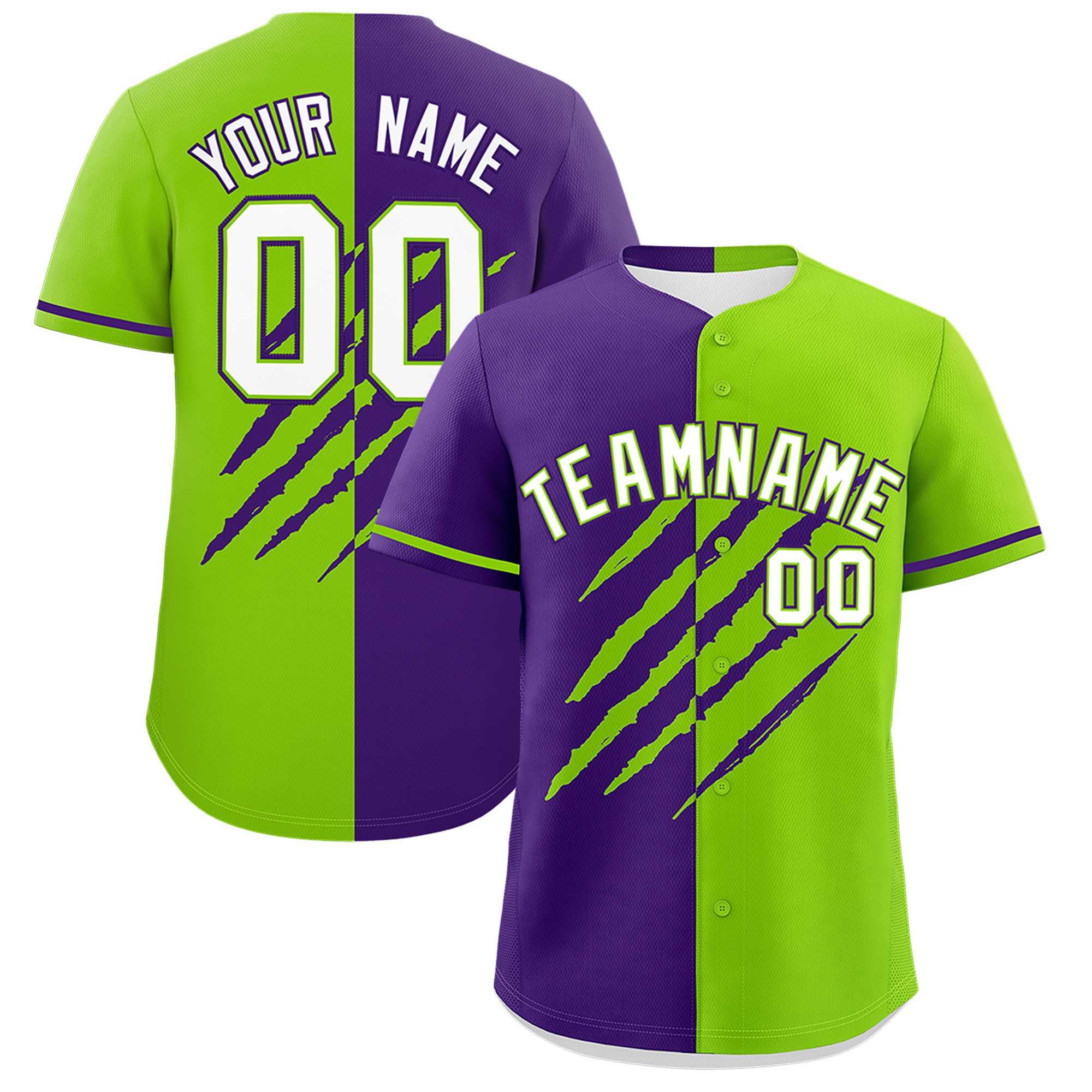 Custom Purple Neon Green Split Tiger Claw Scratch Pattern Baseball Jersey