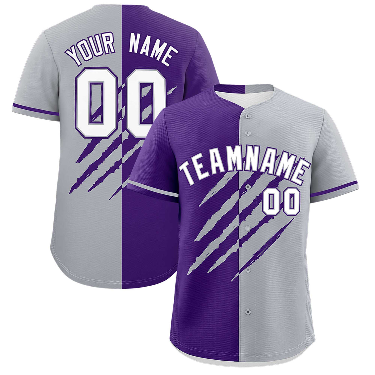 Custom Purple Gray Split Tiger Claw Scratch Pattern Baseball Jersey