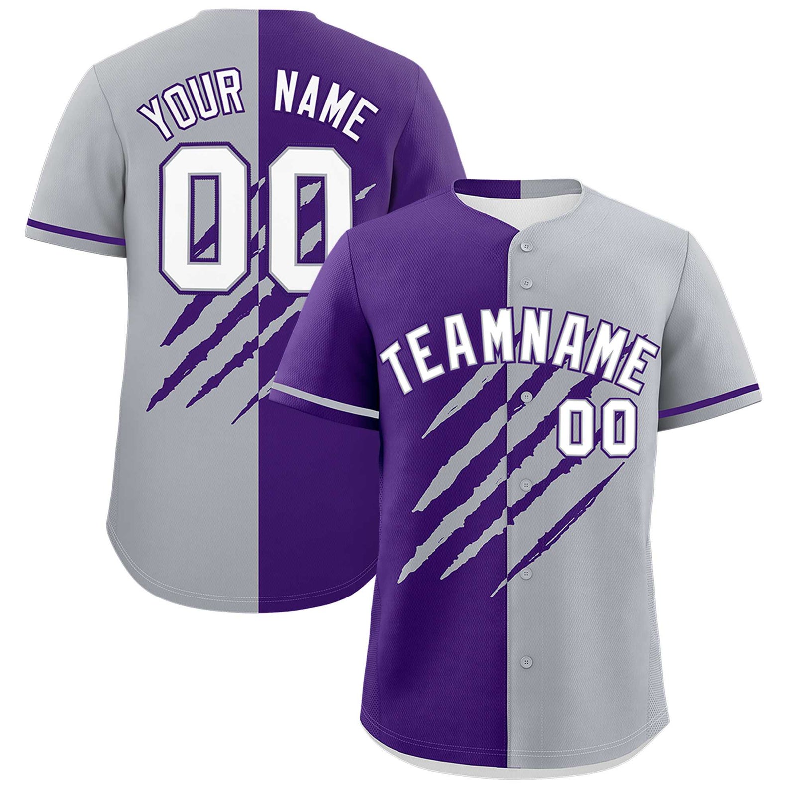 Custom Purple Gray Split Tiger Claw Scratch Pattern Baseball Jersey