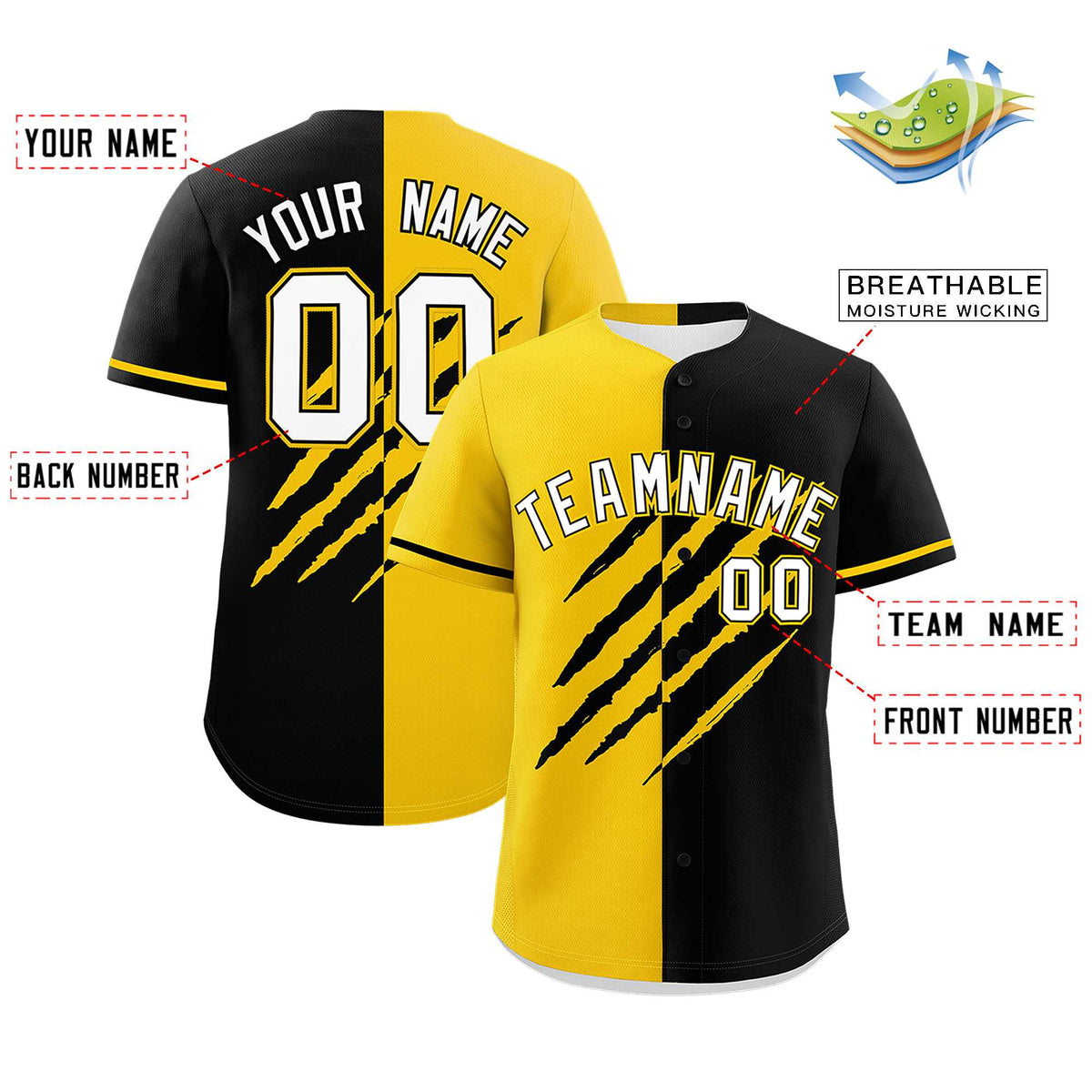 Custom Gold Black Split Tiger Claw Scratch Pattern Baseball Jersey
