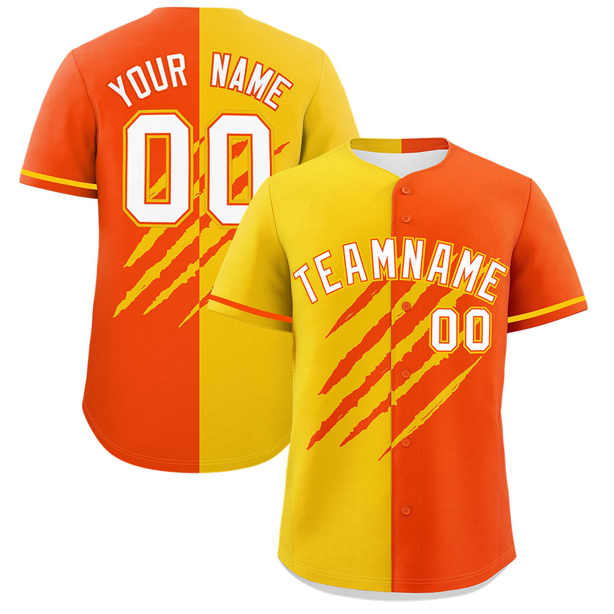 Custom Gold Orange Split Tiger Claw Scratch Pattern Baseball Jersey