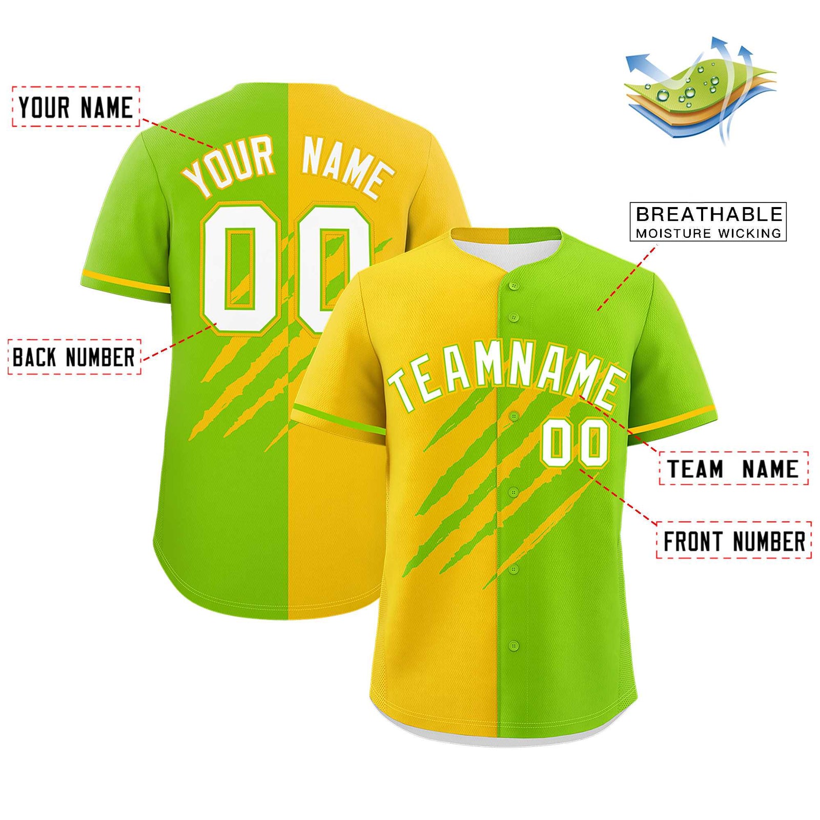 Custom Gold Neon Green Split Tiger Claw Scratch Pattern Baseball Jersey