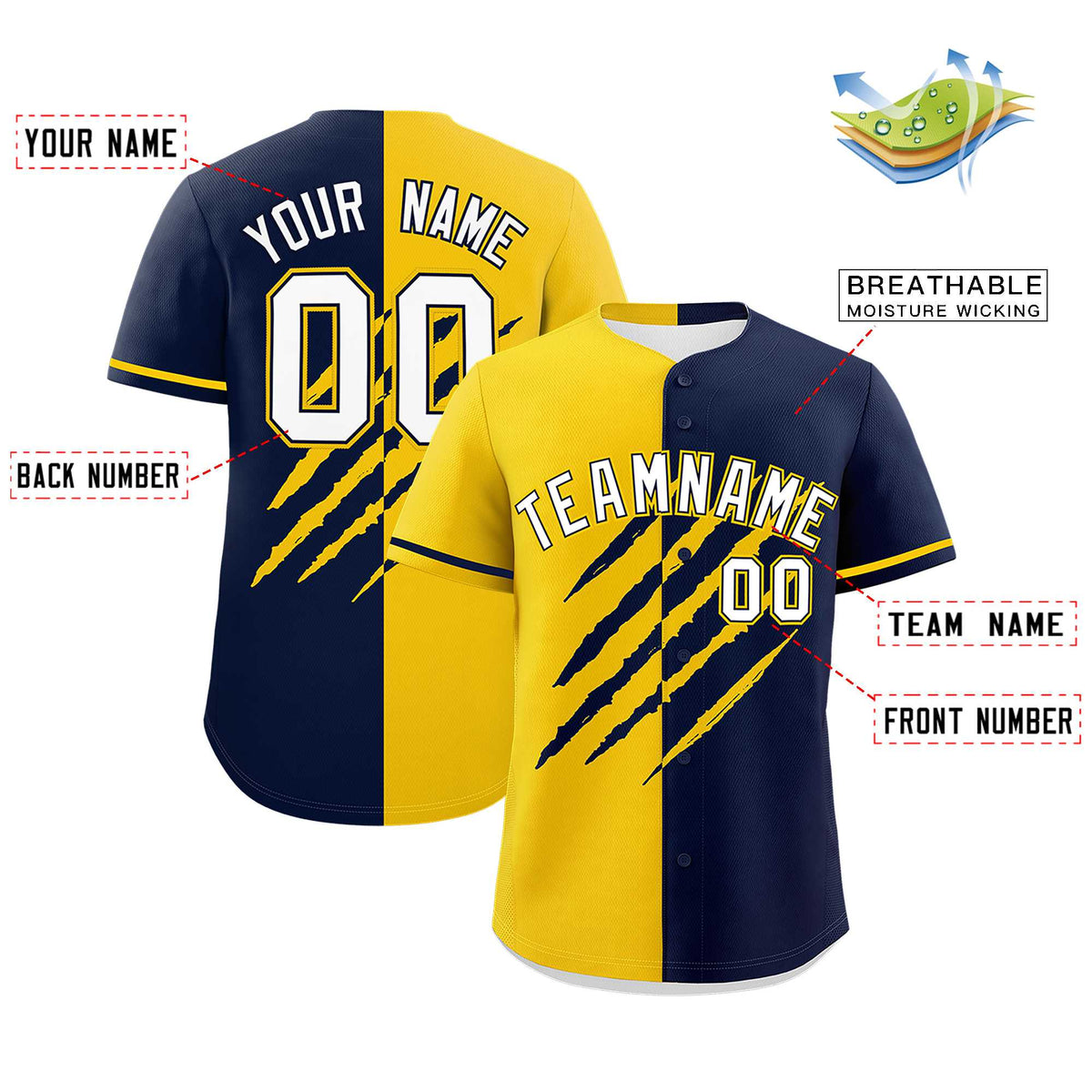 Custom Gold Navy Split Tiger Claw Scratch Pattern Baseball Jersey