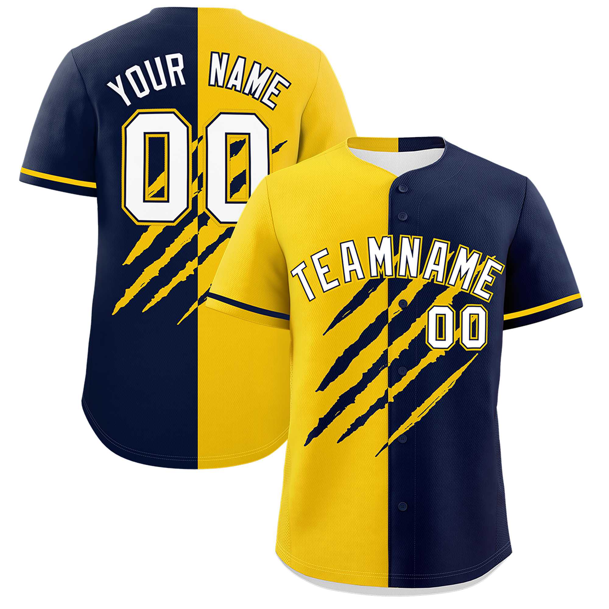 Custom Gold Navy Split Tiger Claw Scratch Pattern Baseball Jersey