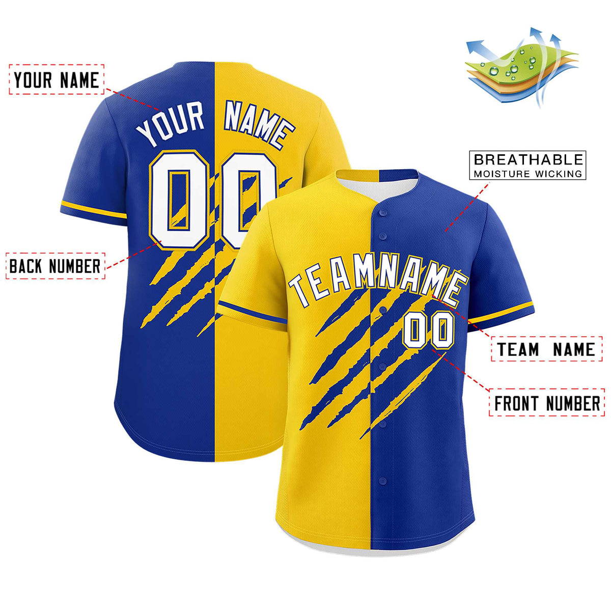 Custom Gold Royal Blue Split Tiger Claw Scratch Pattern Baseball Jersey