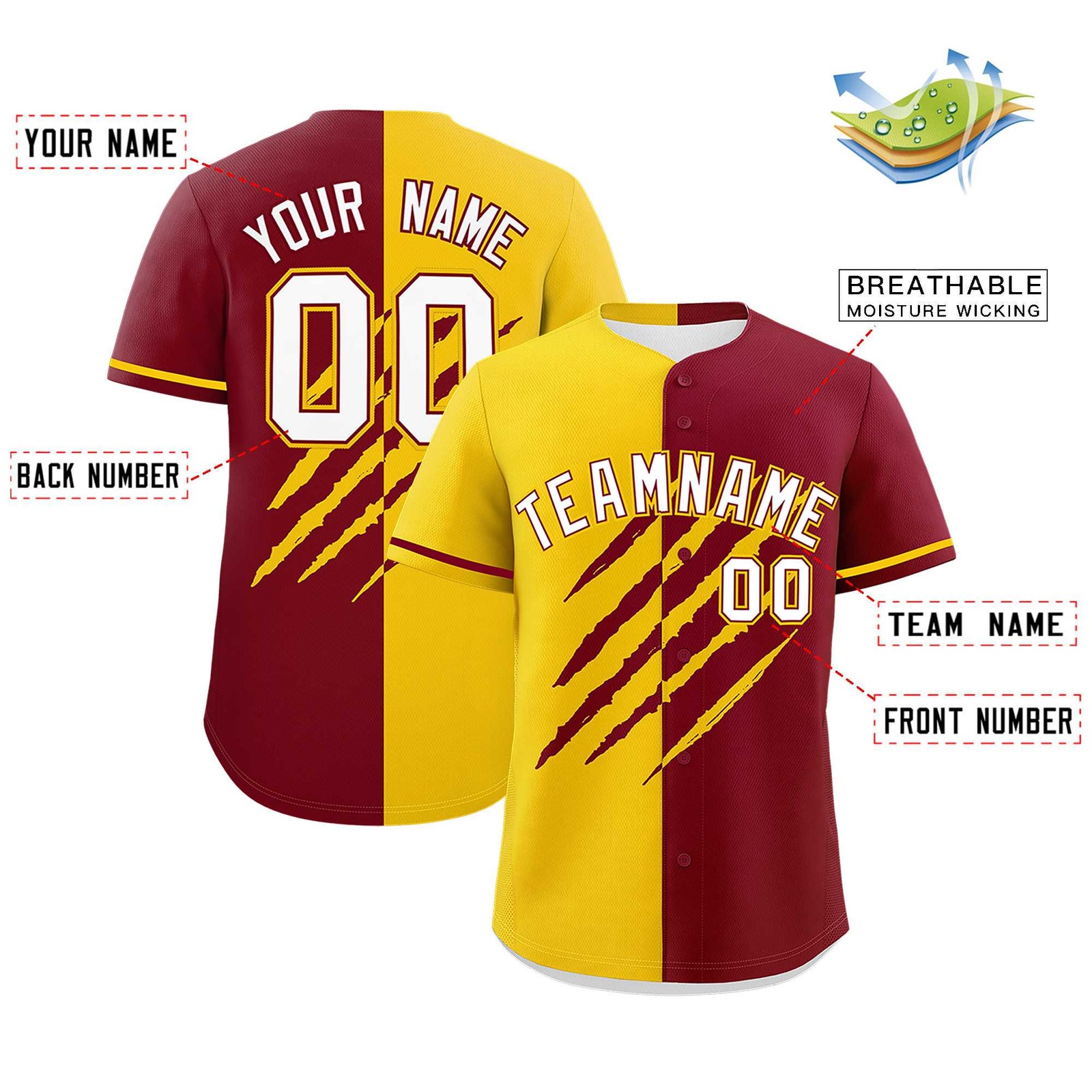 Custom Gold Crimson Split Tiger Claw Scratch Pattern Baseball Jersey