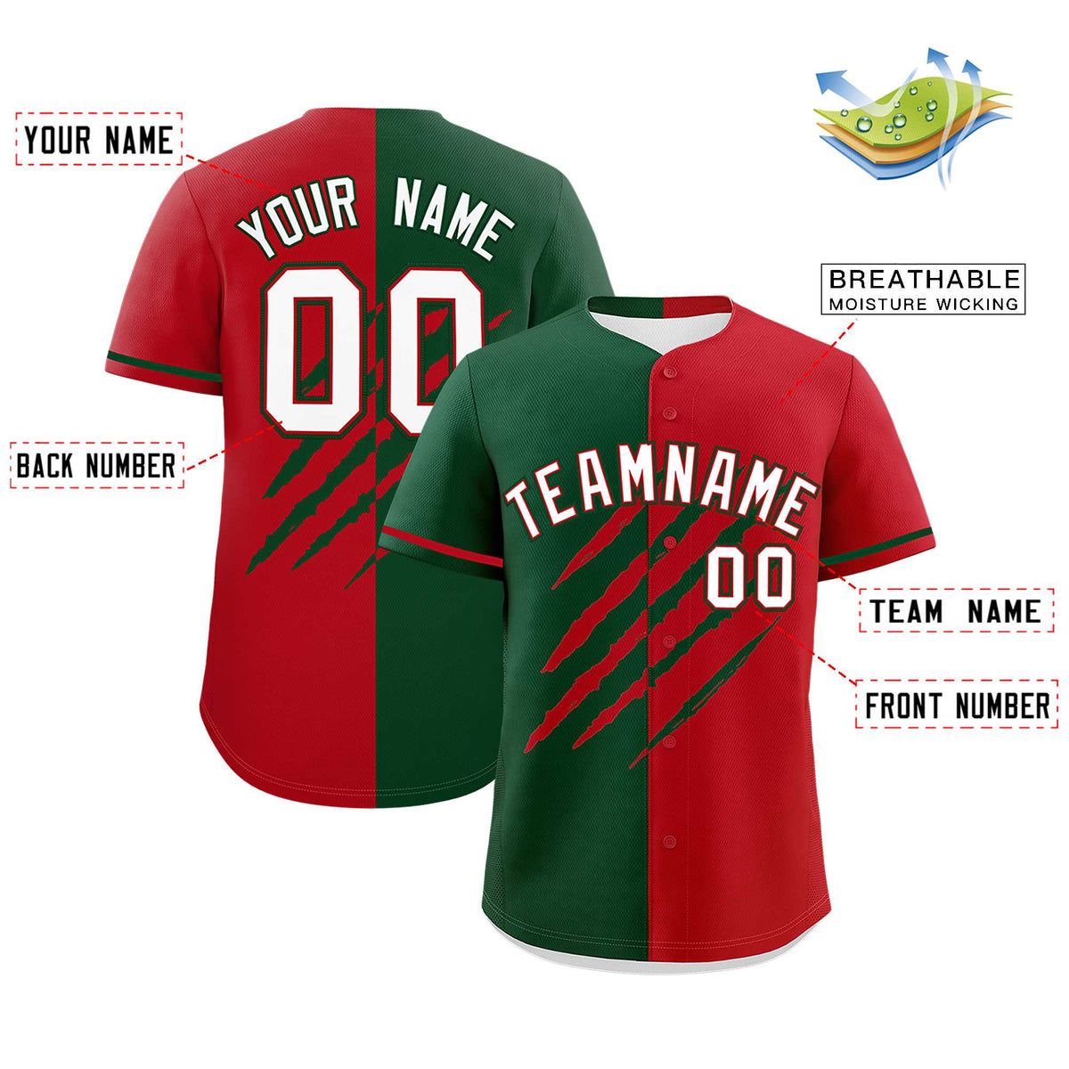 Custom Green Red Split Tiger Claw Scratch Pattern Baseball Jersey