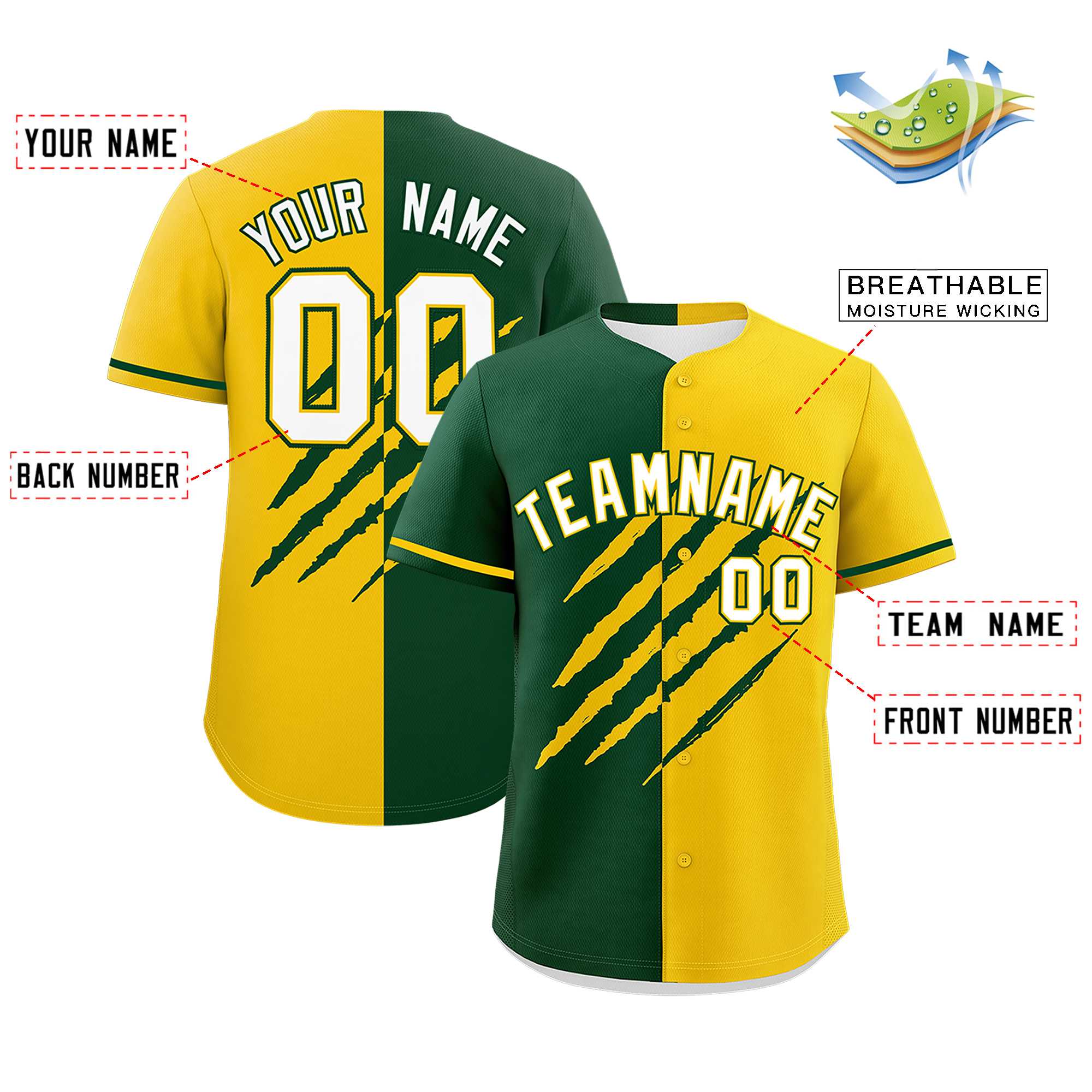 Custom Green Gold Split Tiger Claw Scratch Pattern Baseball Jersey
