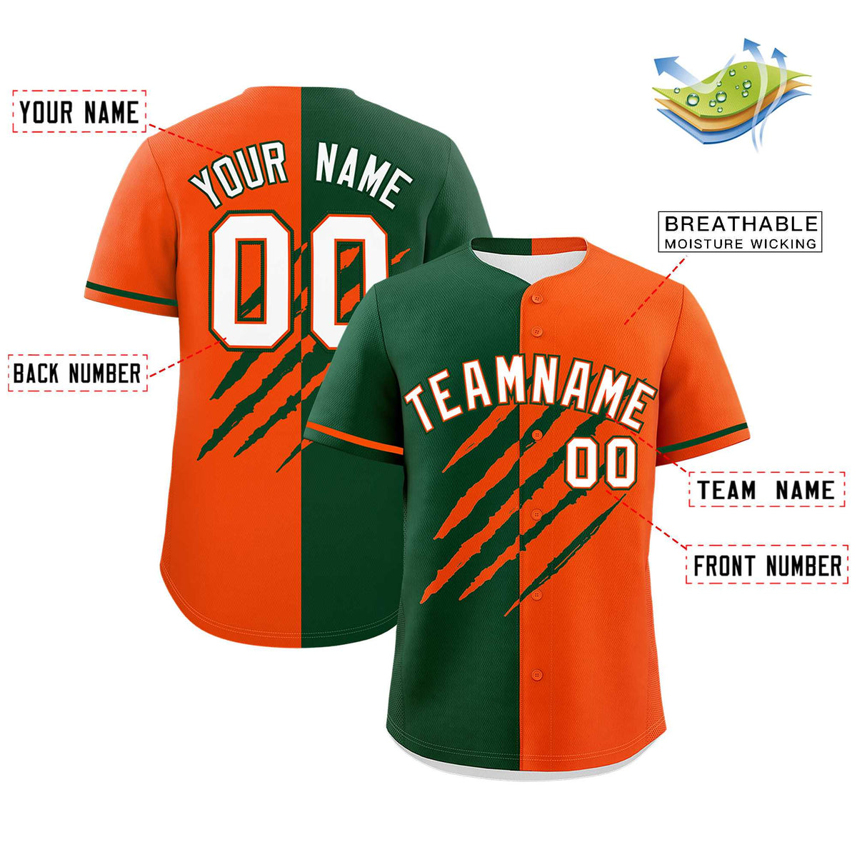 Custom Green Orange Split Tiger Claw Scratch Pattern Baseball Jersey
