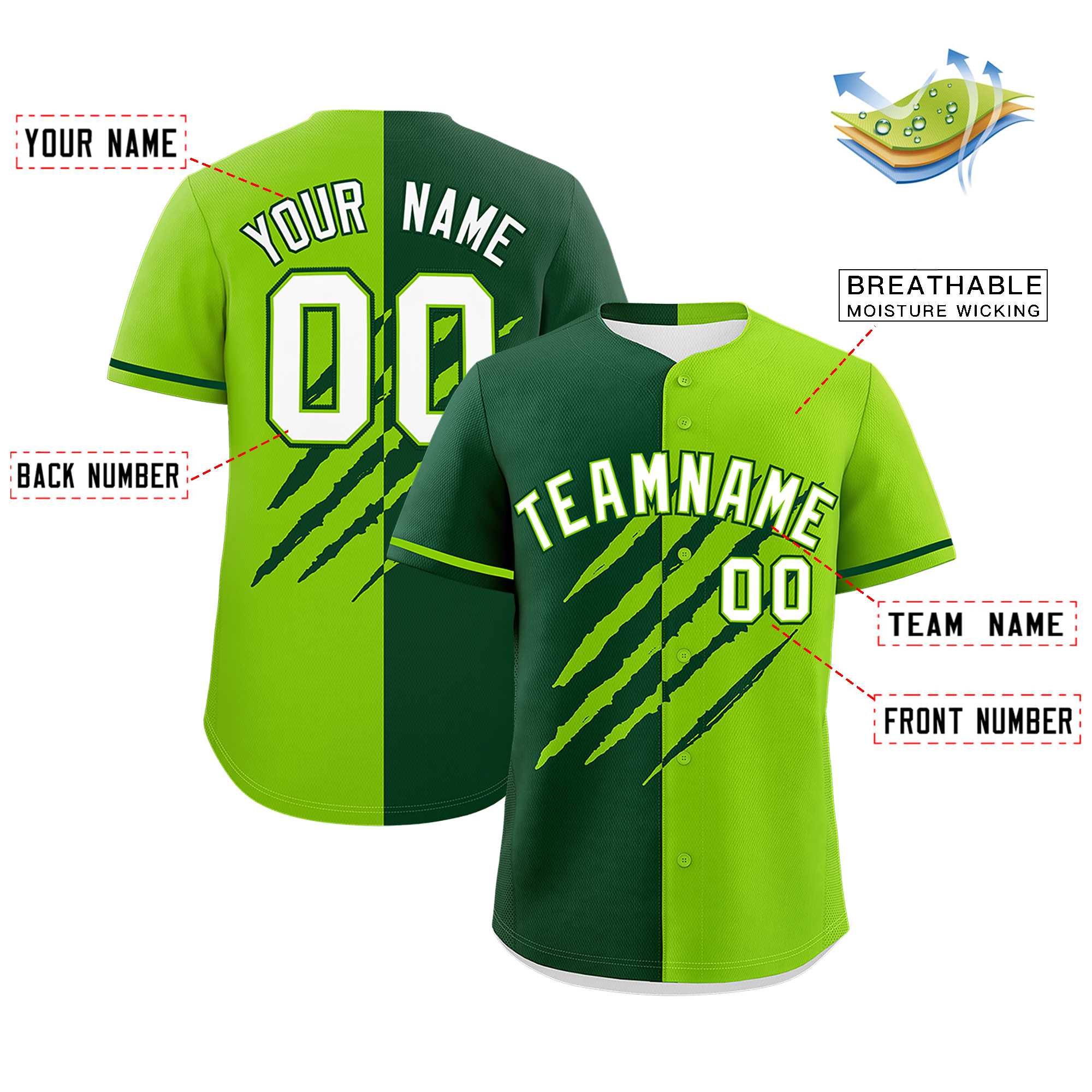 Custom Green Neon Green Split Tiger Claw Scratch Pattern Baseball Jersey