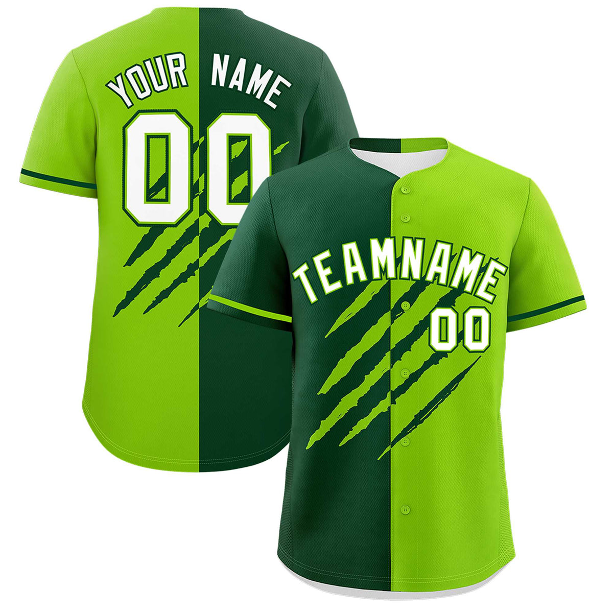 Custom Green Neon Green Split Tiger Claw Scratch Pattern Baseball Jersey