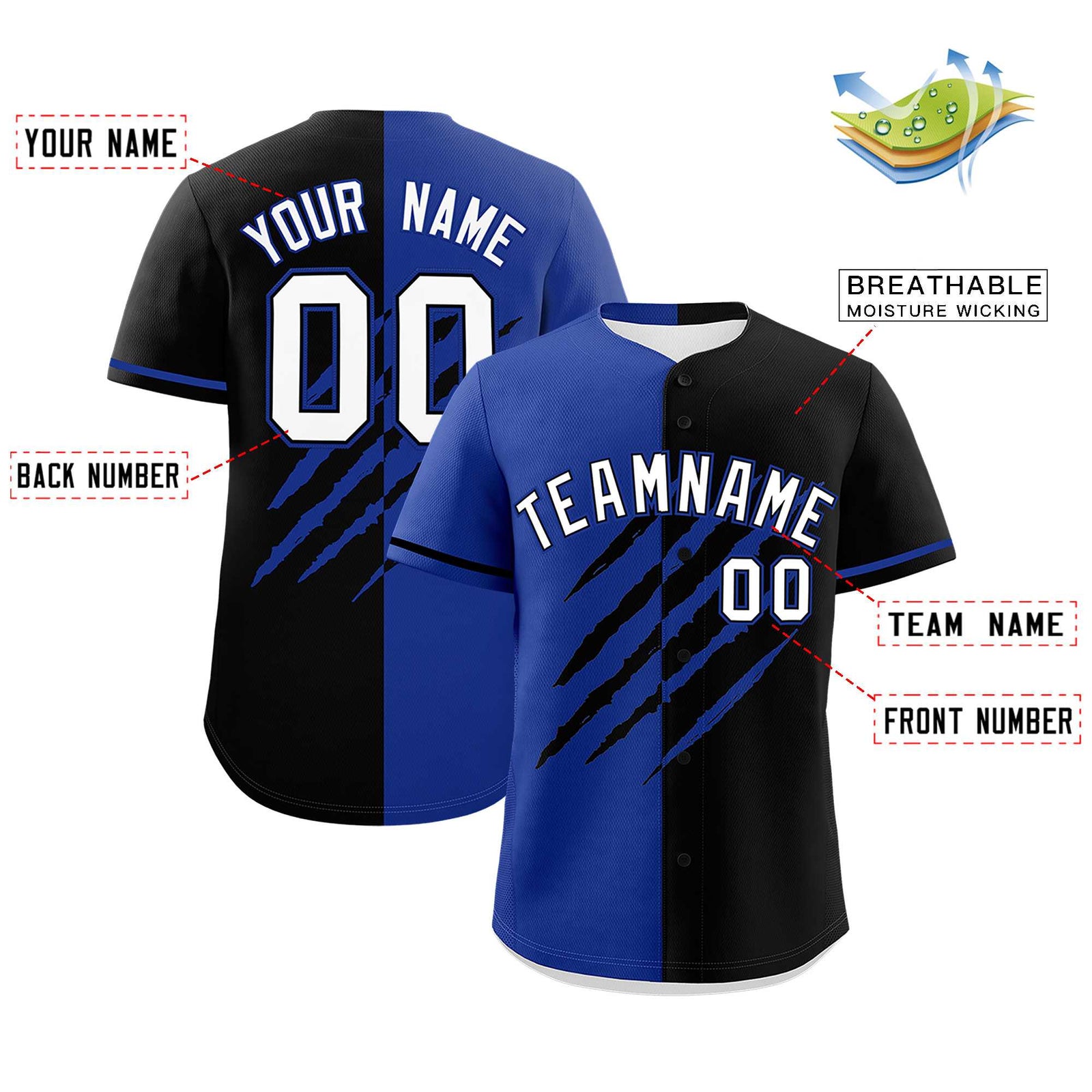 Custom Royal Blue Black Split Tiger Claw Scratch Pattern Baseball Jersey
