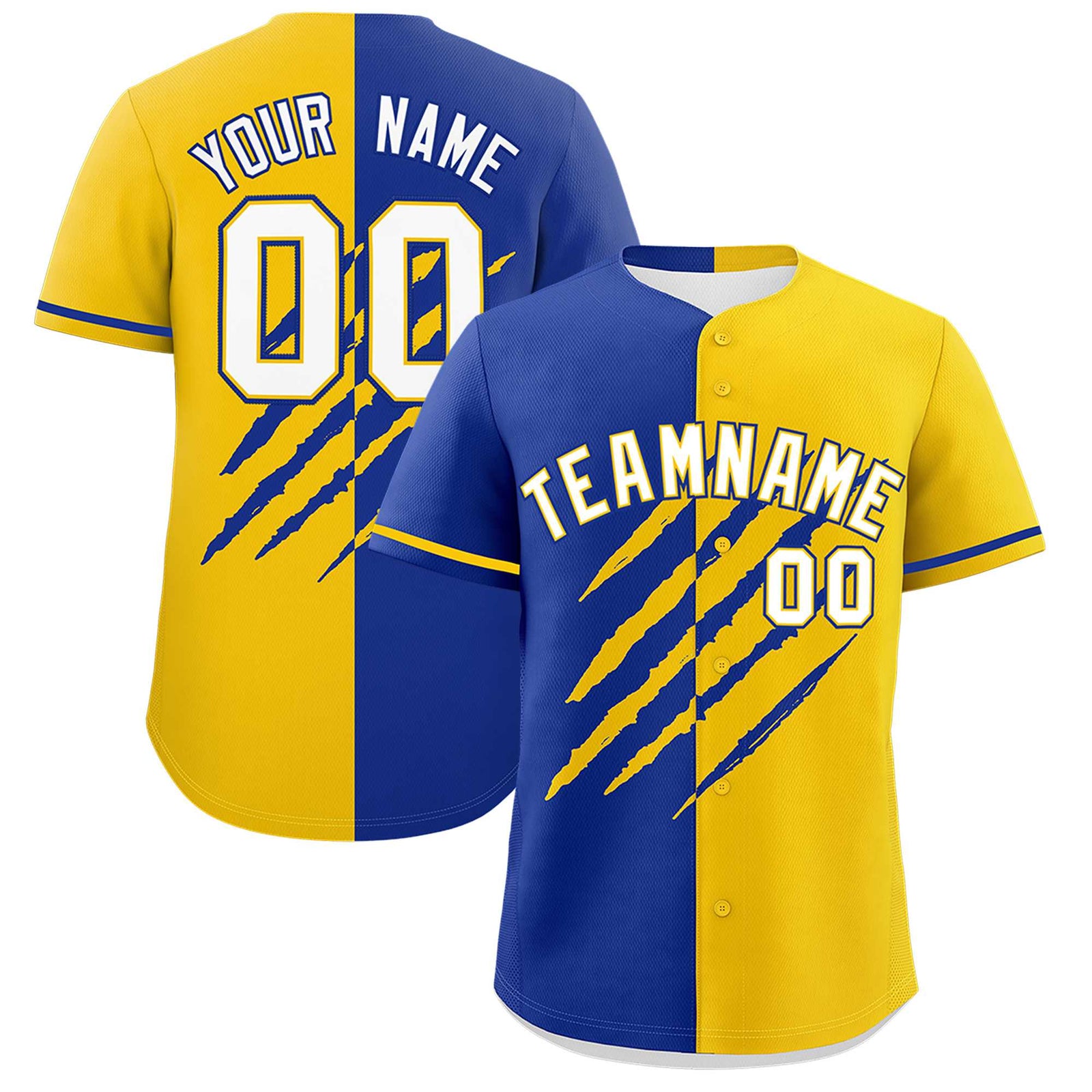 Custom Royal Blue Gold Split Tiger Claw Scratch Pattern Baseball Jersey
