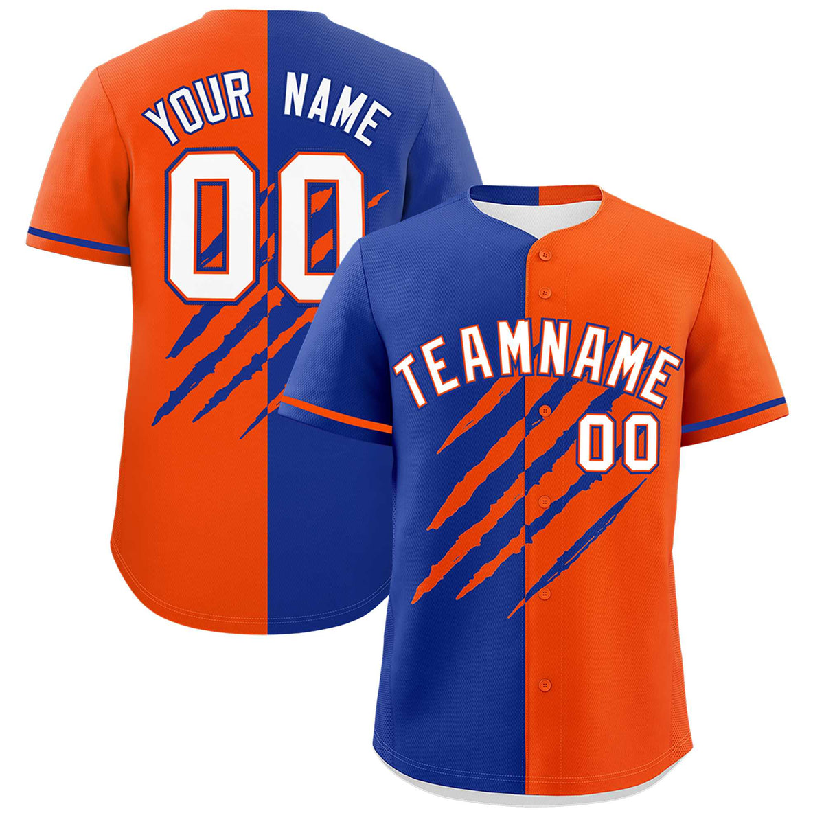 Custom Royal Blue Orange Split Tiger Claw Scratch Pattern Baseball Jersey