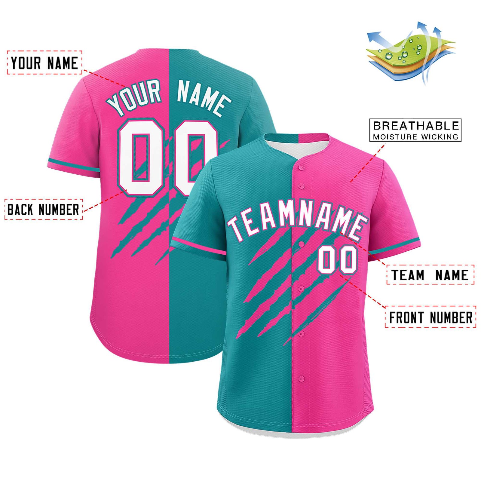 Custom Aqua Pink Split Tiger Claw Scratch Pattern Baseball Jersey