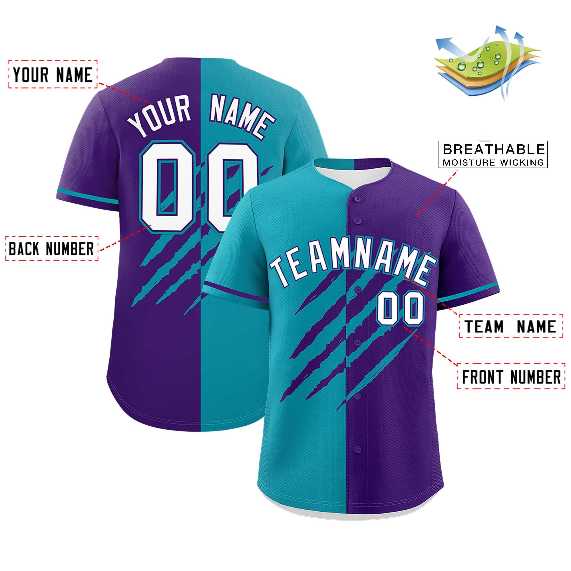 Custom Aqua Purple Split Tiger Claw Scratch Pattern Baseball Jersey
