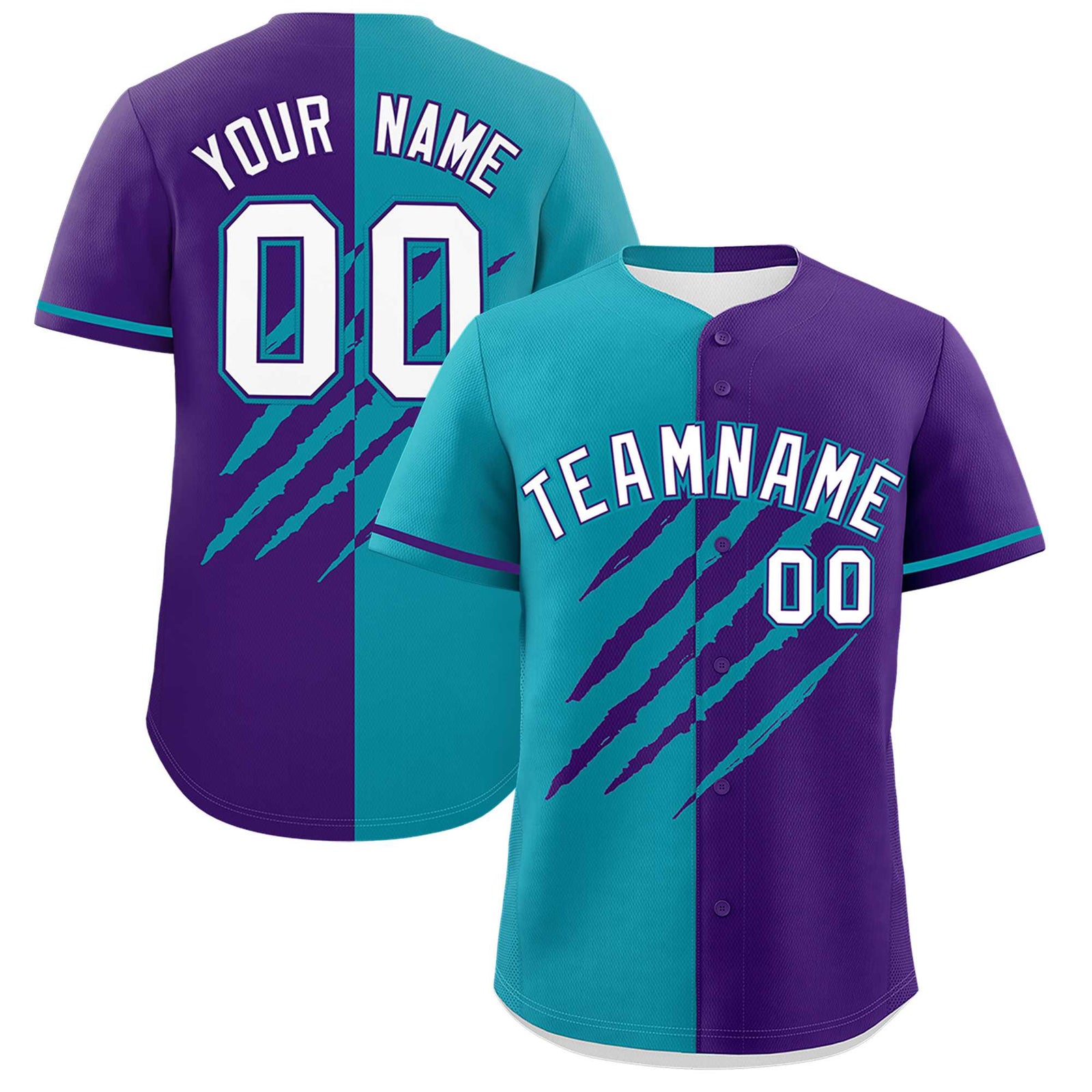 Custom Aqua Purple Split Tiger Claw Scratch Pattern Baseball Jersey