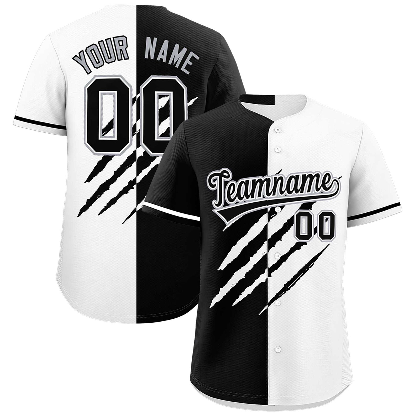Custom Black White Split Tiger Claw Scratch Pattern Baseball Jersey