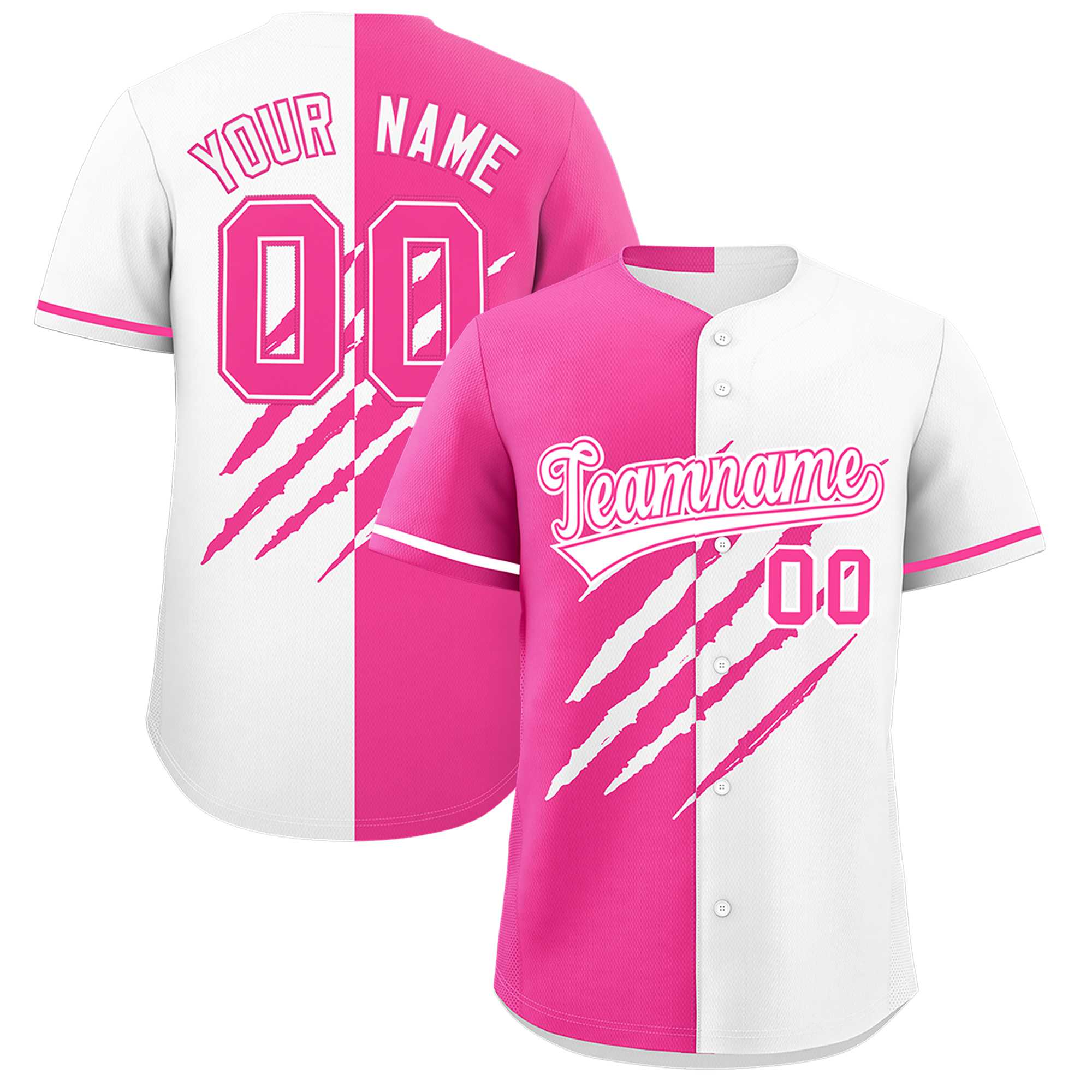 Custom Pink White Split Tiger Claw Scratch Pattern Baseball Jersey
