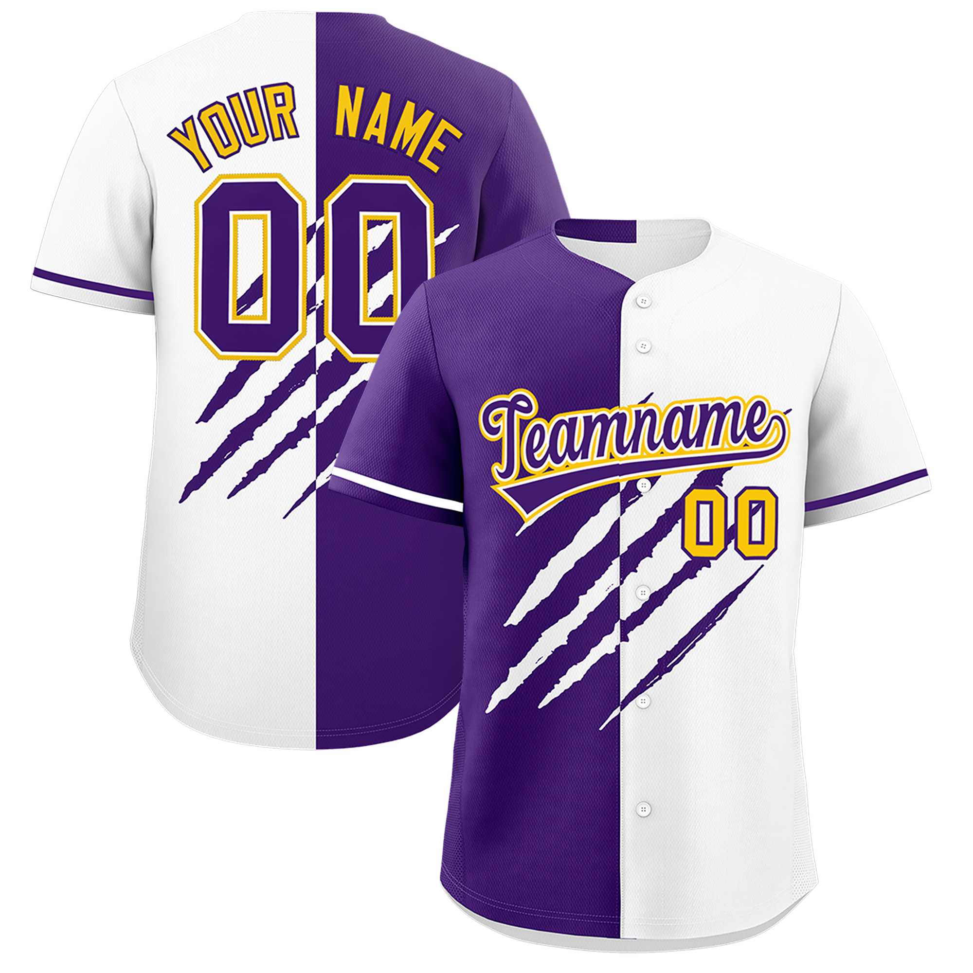 Custom Purple White Split Tiger Claw Scratch Pattern Baseball Jersey
