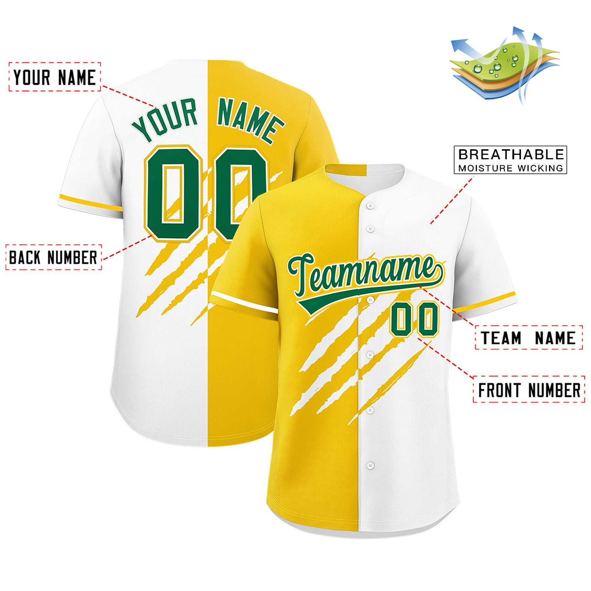 Custom Gold White Split Tiger Claw Scratch Pattern Baseball Jersey