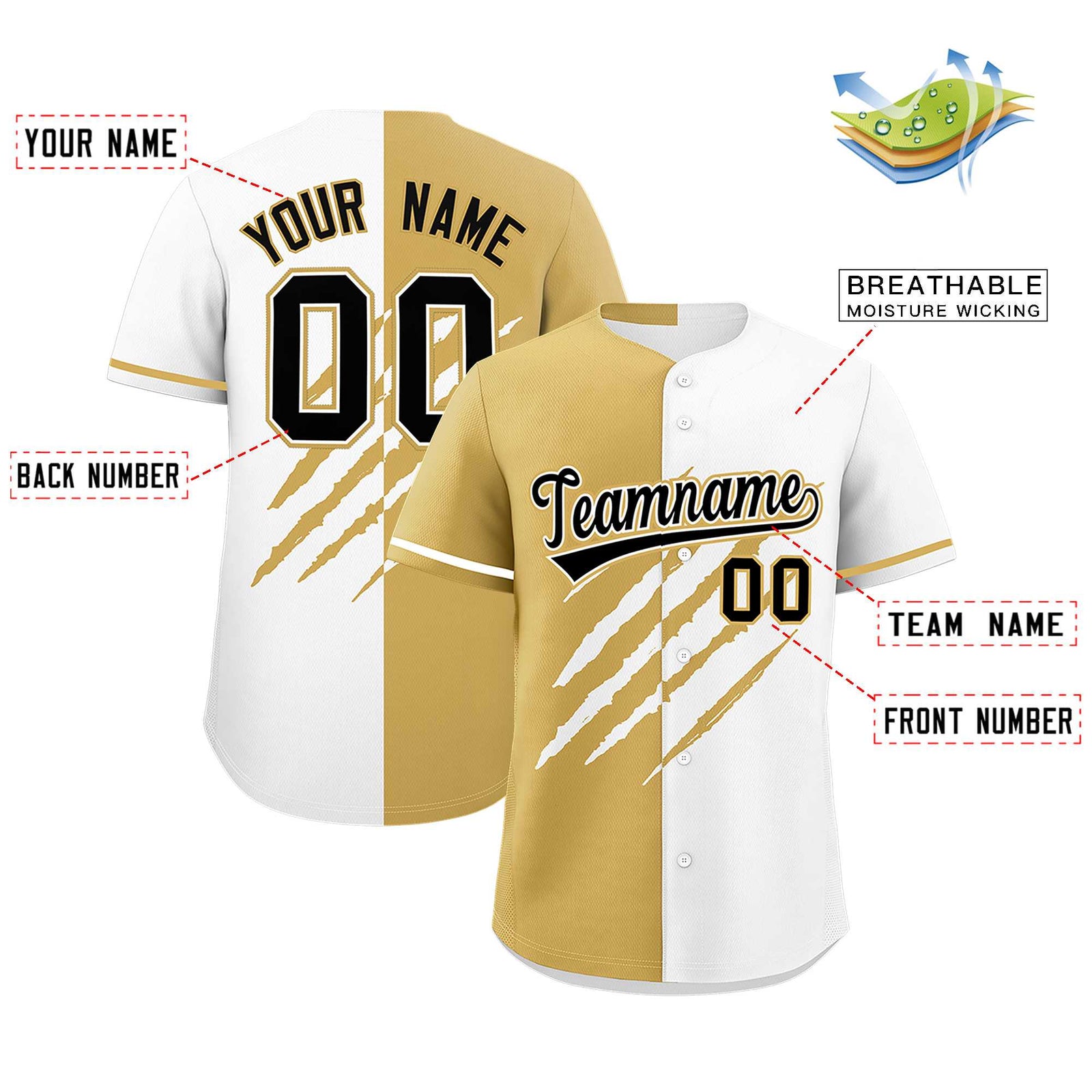 Custom Old Gold White Split Tiger Claw Scratch Pattern Baseball Jersey