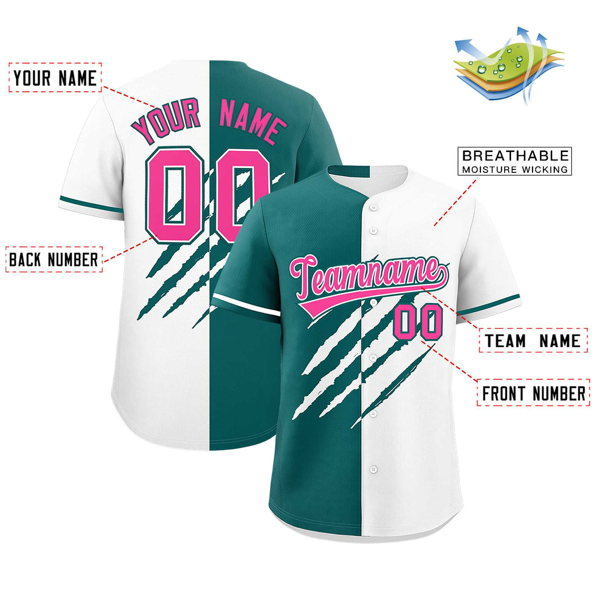 Custom Teal White Split Tiger Claw Scratch Pattern Baseball Jersey