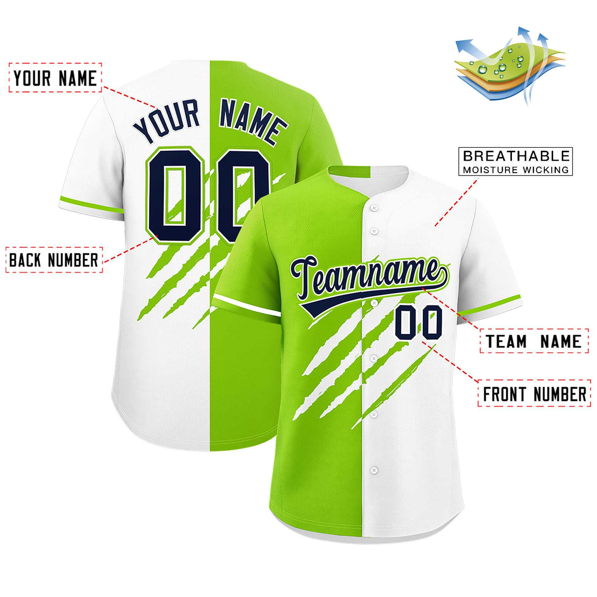 Custom Neon Green White Split Tiger Claw Scratch Pattern Baseball Jersey