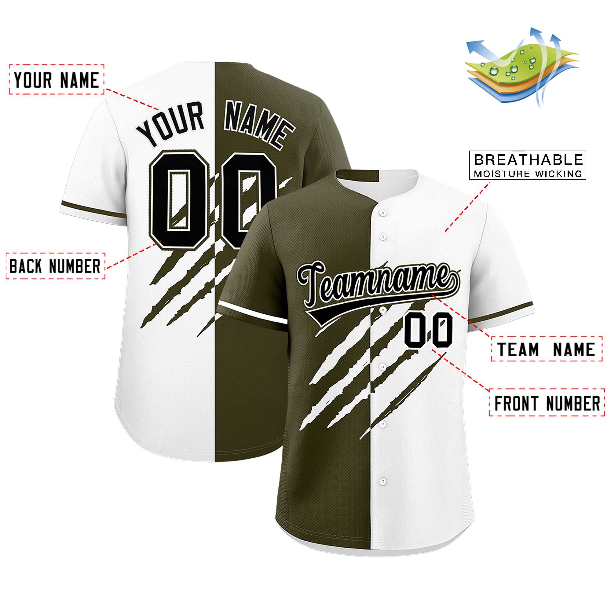 Custom Olive White Split Tiger Claw Scratch Pattern Baseball Jersey